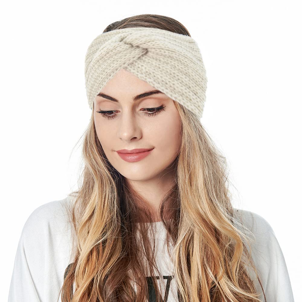2Pcs Women's Stretchy Knitted Headbands - Winter Ear Warmers & Braided Crochet Head Wraps (Beige+Khaki) | Soft & Warm Hair Accessories for Outdoor Activities, Yoga, Running & Winter Sports