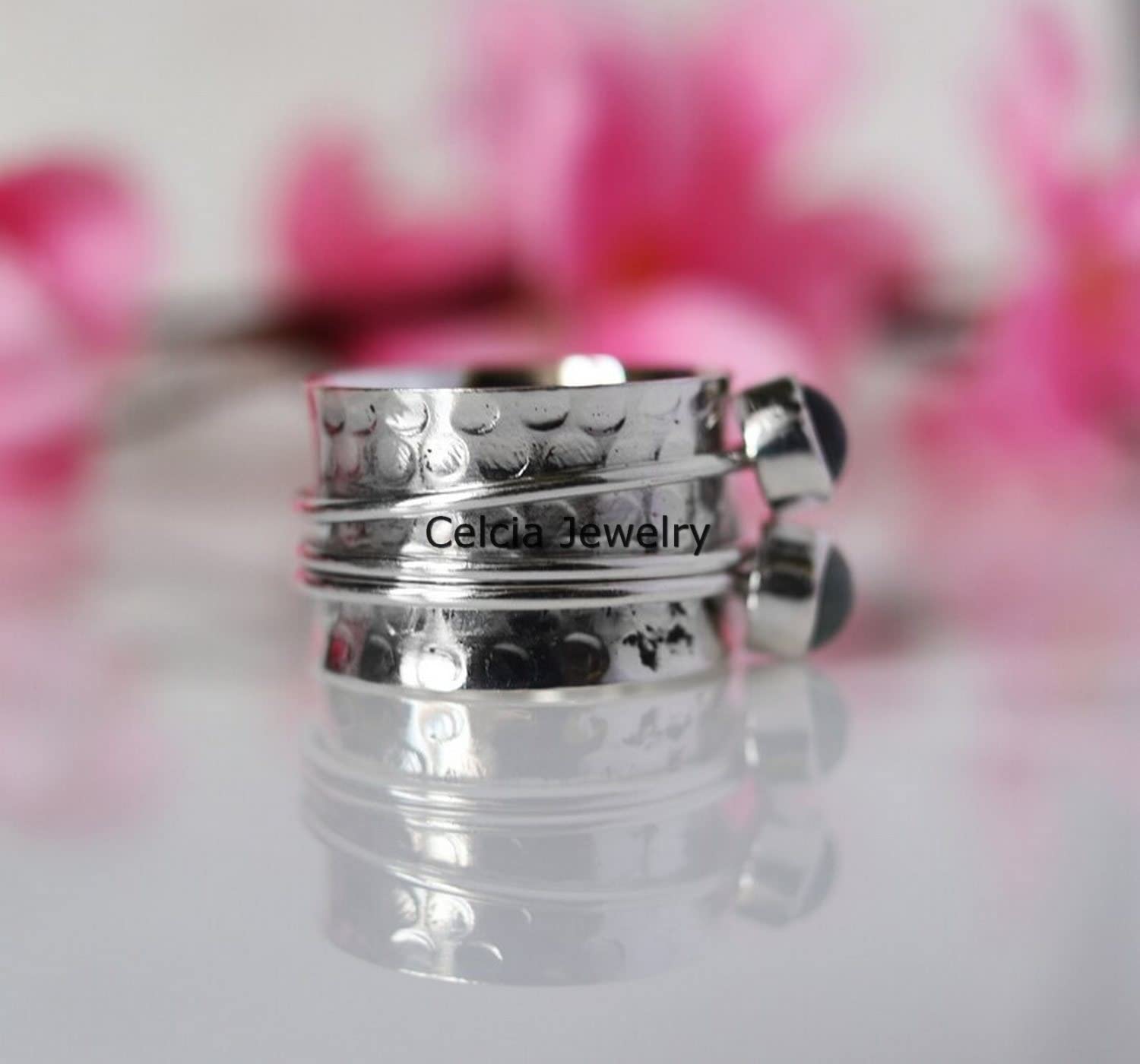 Natural Aquamarine Double Gemstone Heart Spinner Ring - Handmade Hammered Meditation & Fidget Ring for Stress Relief - March Birthstone Jewelry - Perfect Gift for Women, Girlfriend & Loved Ones (Size 7) - Ideal for Anxiety Relief, Mindfulness Practice & Stylish Everyday Wear