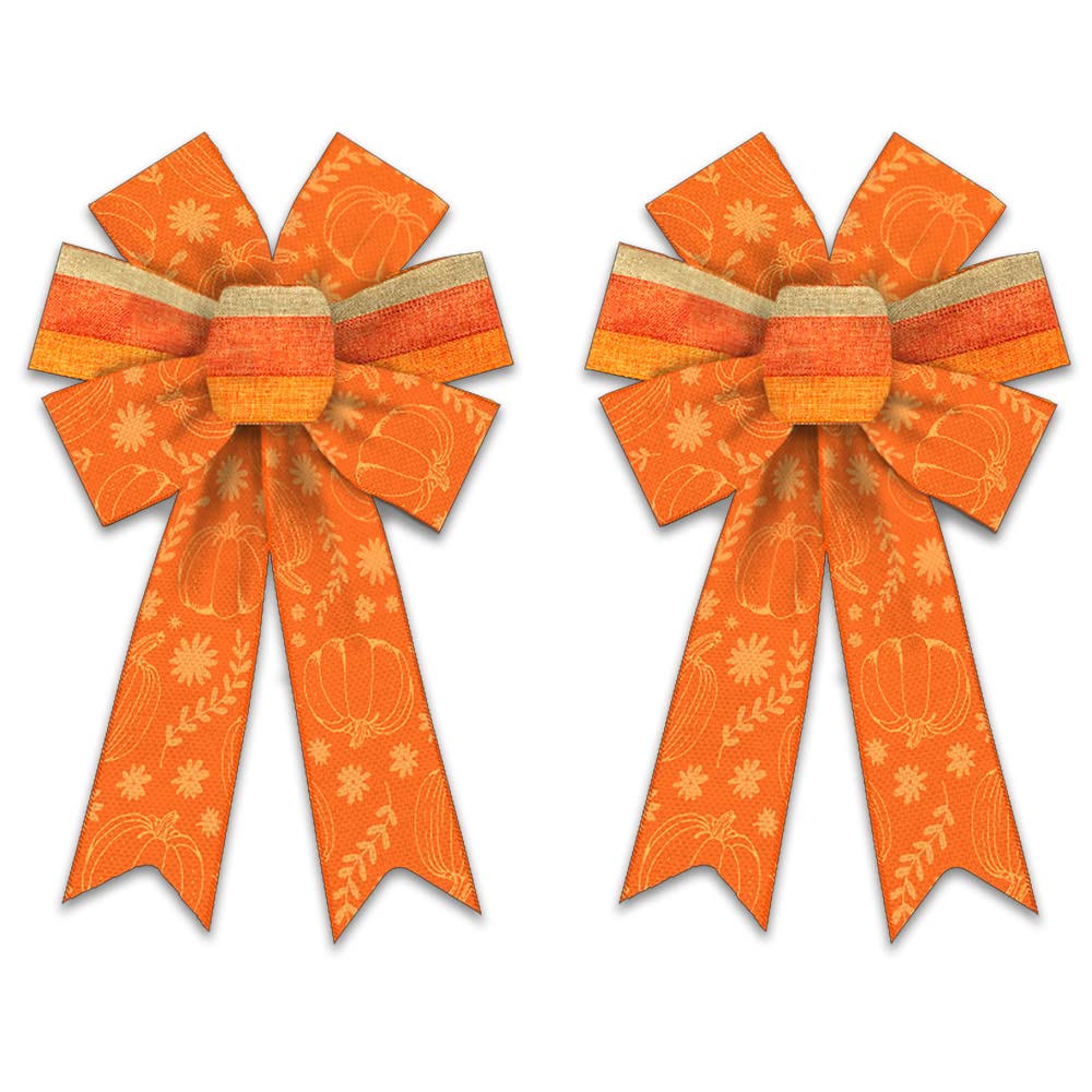 2PCS Autumn Harvest Wreath Bows - Farmhouse Style Fall Decor for Front Door, Thanksgiving, Wall, Tree & Pumpkin Decorations - Perfect for Indoor & Outdoor Seasonal Home Decor (Orange with Leaves Design)