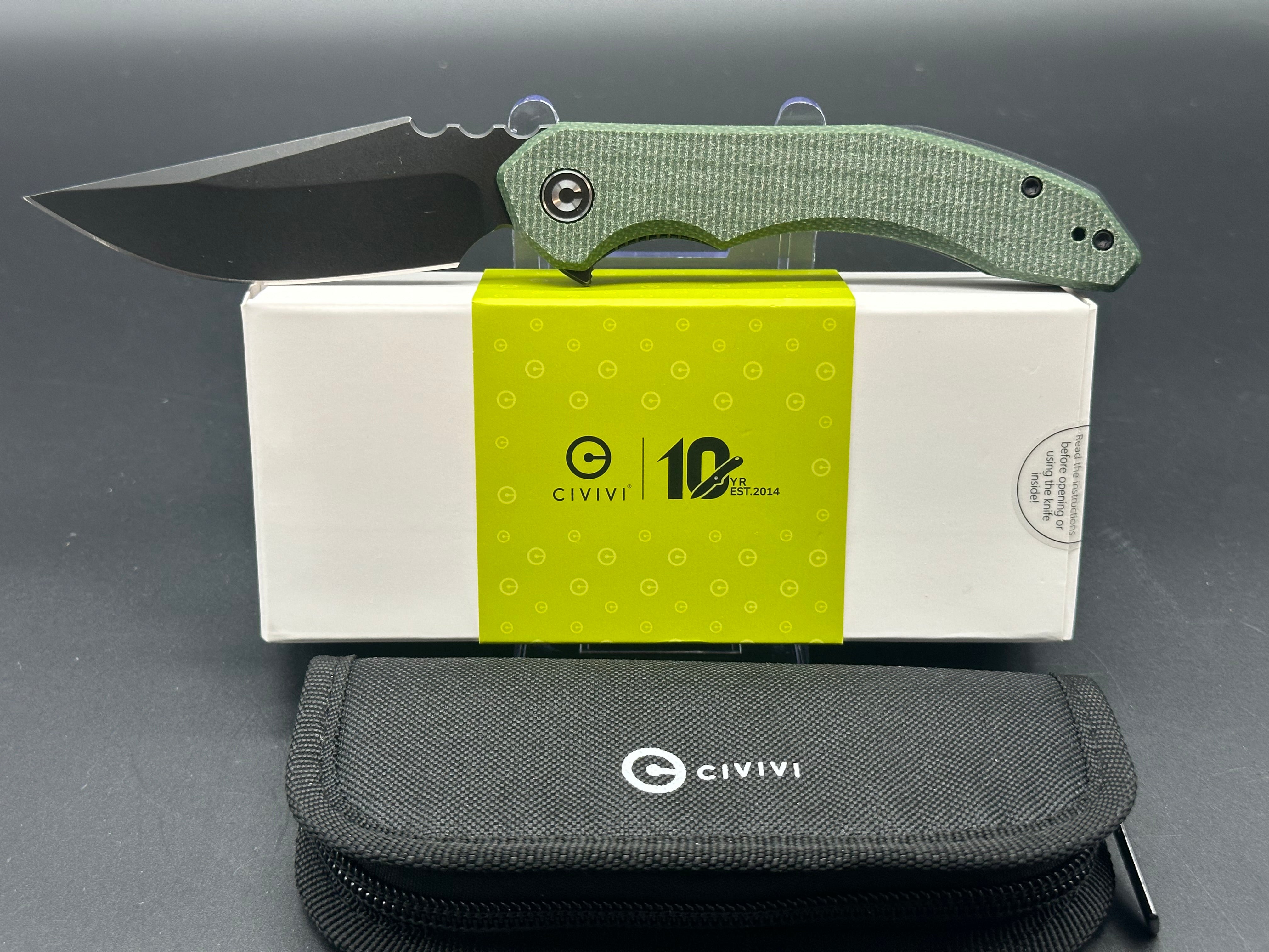 CIVIVI BLUETICK Folding Pocket Knife - Green Canvas Micarta Handle, 14C28N Steel Drop Point Blade, Plain Edge with Black Stonewash Finish (Model C23050-3) - Perfect for Camping, Hiking & Everyday Carry (EDC)