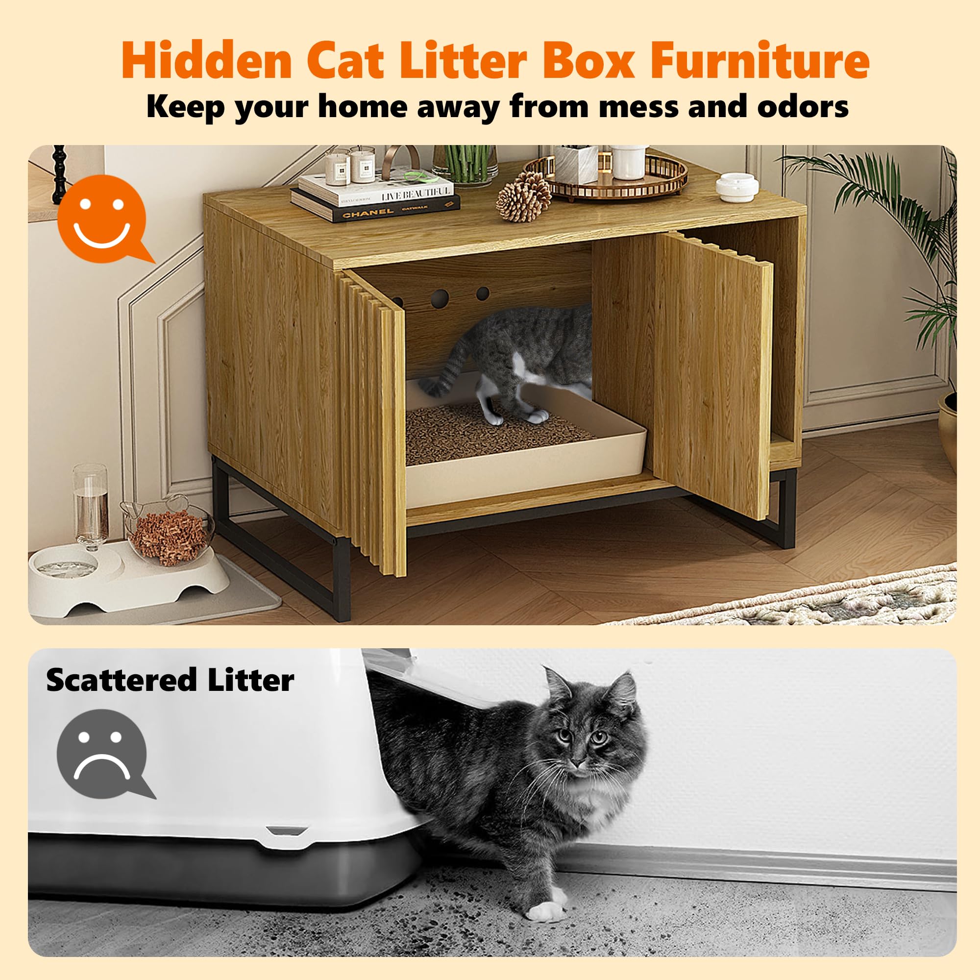 Modern Cat Litter Box Enclosure Furniture - Hidden Litter Box with Scratch Pad, Cat Washroom House & Entryway Bench for Living Room - Natural Wood End Table for Small Spaces & Pet-Friendly Home Decor