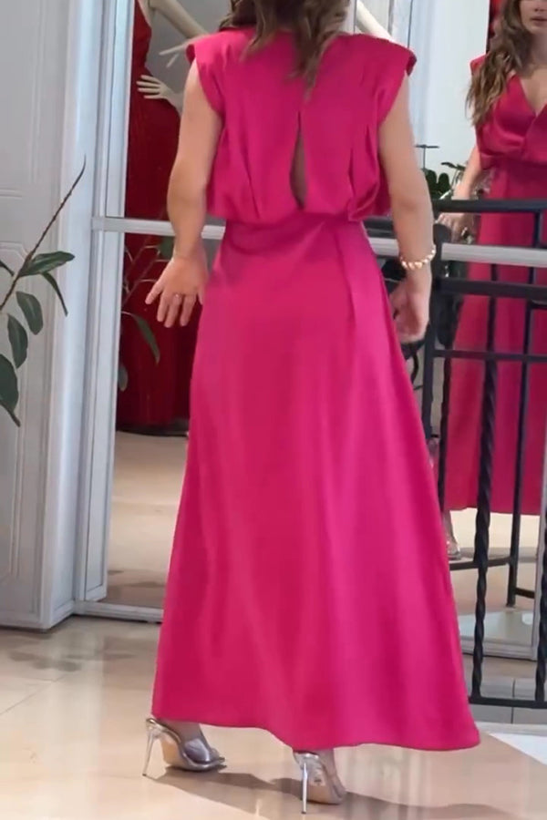 Elegant Solid Color V-Neck Sleeveless Maxi Dress with Waist Slit - Perfect for Summer Weddings, Beach Vacations & Evening Parties