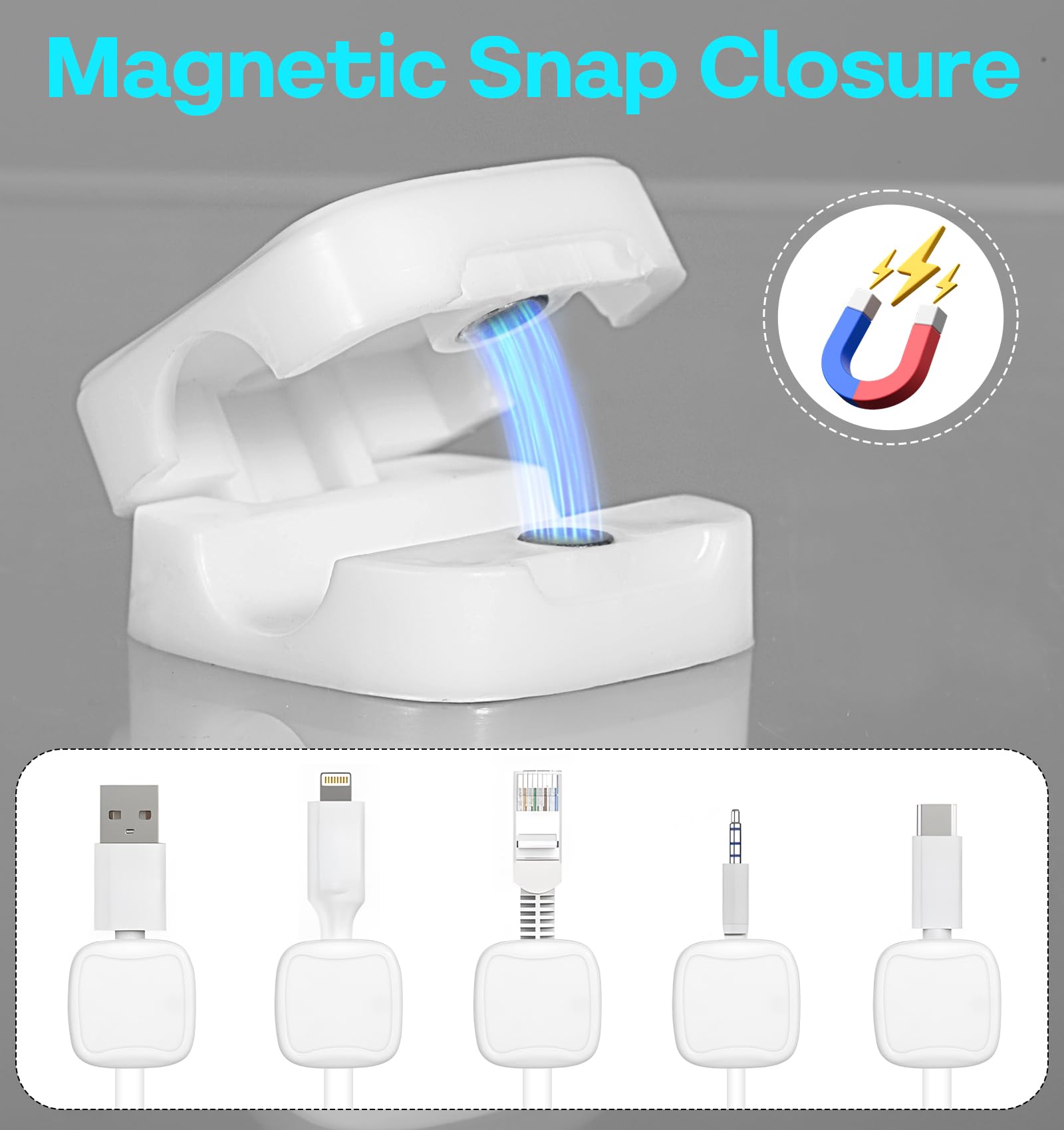 6 Pack Magnetic Cable Clips - Strong Adhesive Cord Organizer for iPhone Charger, USB Cables, Phone Wires - Perfect for Nightstand, Car, Office, Home Desk & Wall Mount (White) - Keep Your Space Tidy & Tangle-Free