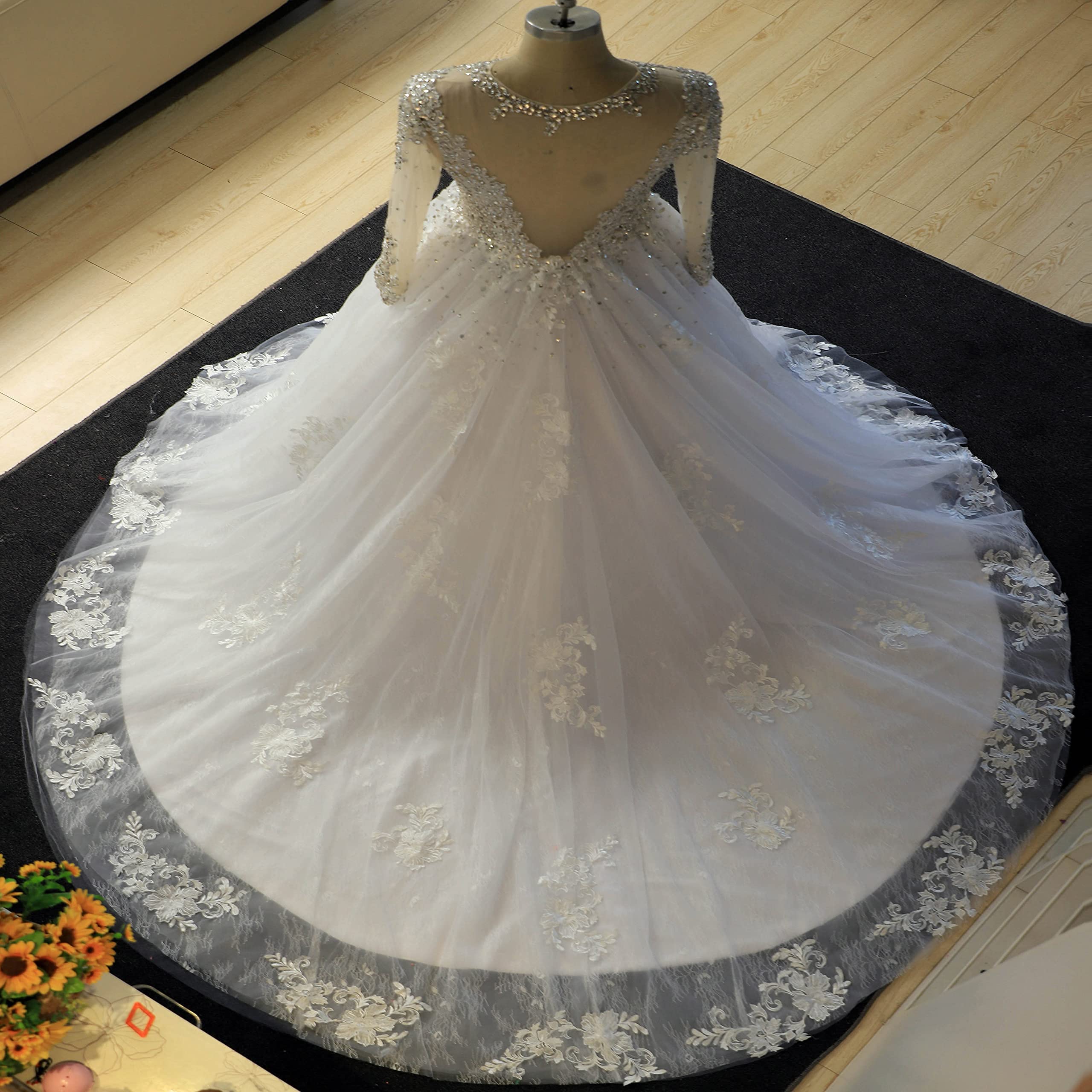 Ivory White Long Sleeve Beaded Crystal Wedding Dress with Lace Long Train - Elegant Bridal Gown for Church Ceremony, Beach Wedding, and Formal Reception