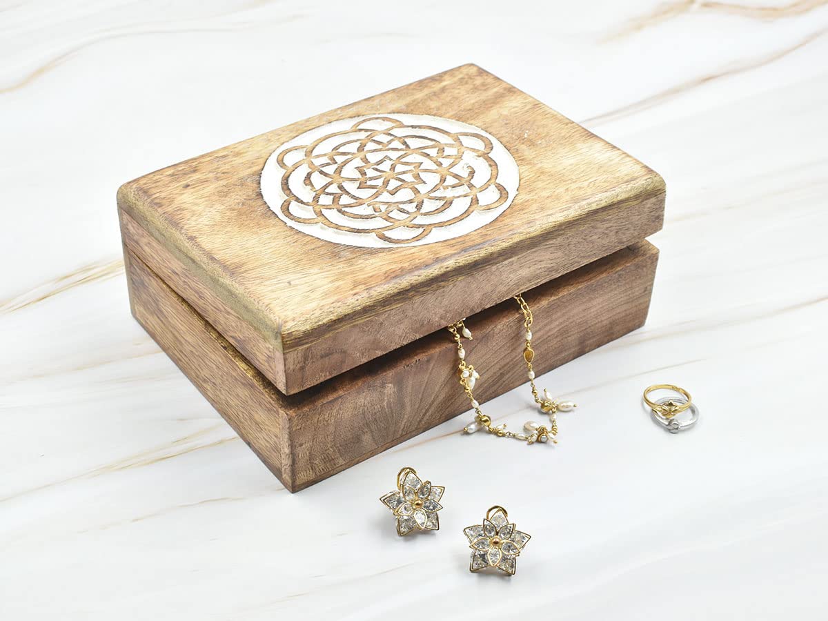 Handmade Wooden Mandala Carving Jewelry Box with Whitewash Finish - Decorative Treasure Chest, Jewelry Organizer & Keepsake Box for Women | Perfect Gift for Her, Watch Storage & Trinket Holder - Ideal for Home Decor, Wedding Gifts & Personal Jewelry Collection