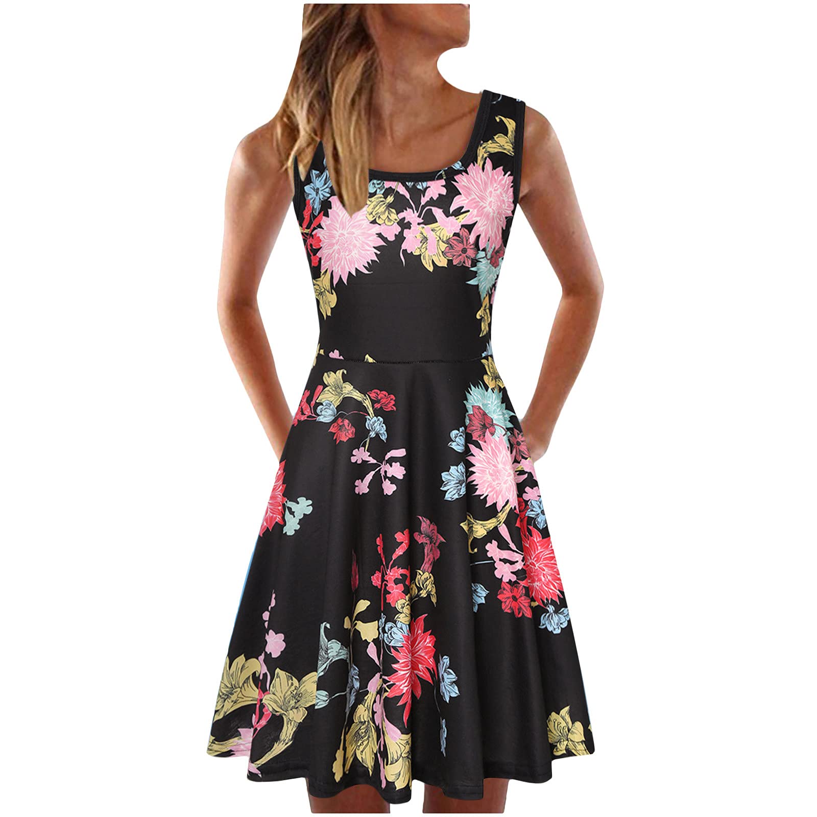 Women's Casual Sleeveless Floral Print Sundress - Summer Beach Dress with O-Neck & Knee-Length Design - Perfect for Vacation, Mother's Day Gifts & Outdoor Events