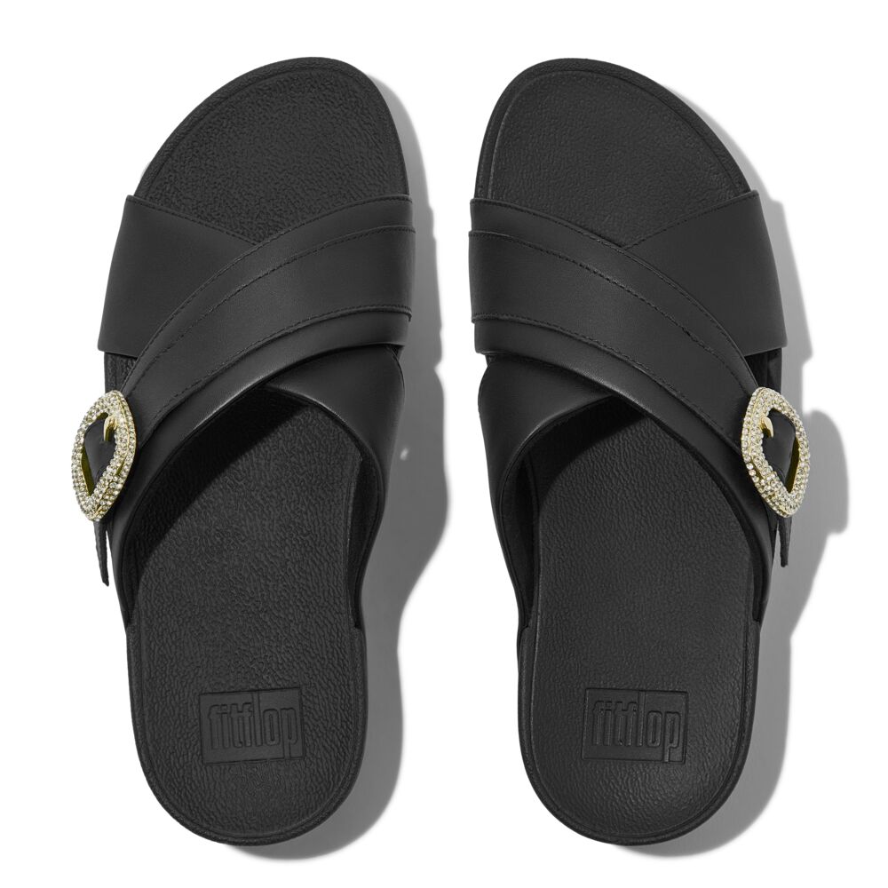 FitFlop Lulu Crystal Buckle Leather Cross Slides Sandals for Women - Comfortable Orthopedic Black Sandals for Walking, Travel & Summer Outfits
