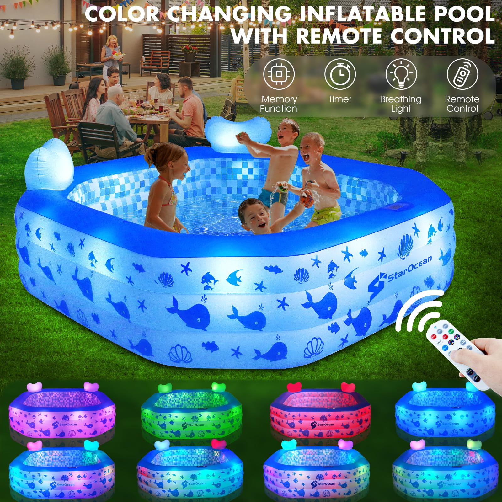**Solar-Powered Inflatable Pool with LED Lights for Kids & Adults – 90