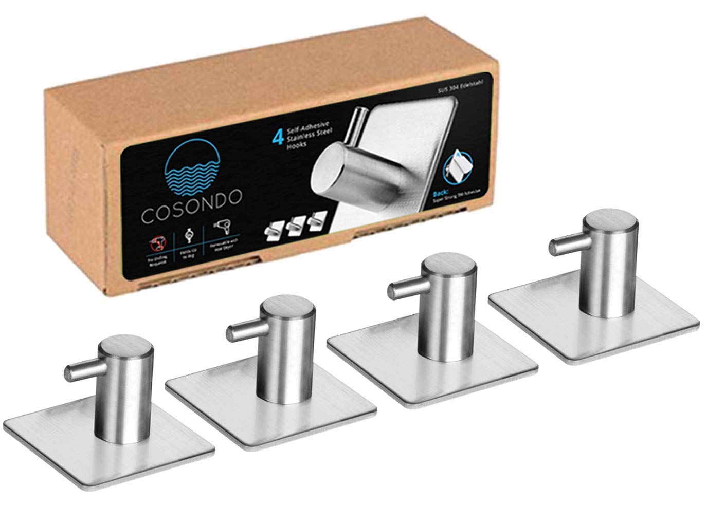 4-Pack Self-Adhesive Wall Hooks for Towels, Bathrobes & Clothes - No Drill Stainless Steel Hooks for Bathroom & Kitchen Organization - Perfect for Hanging Towels, Robes, Keys & Utensils