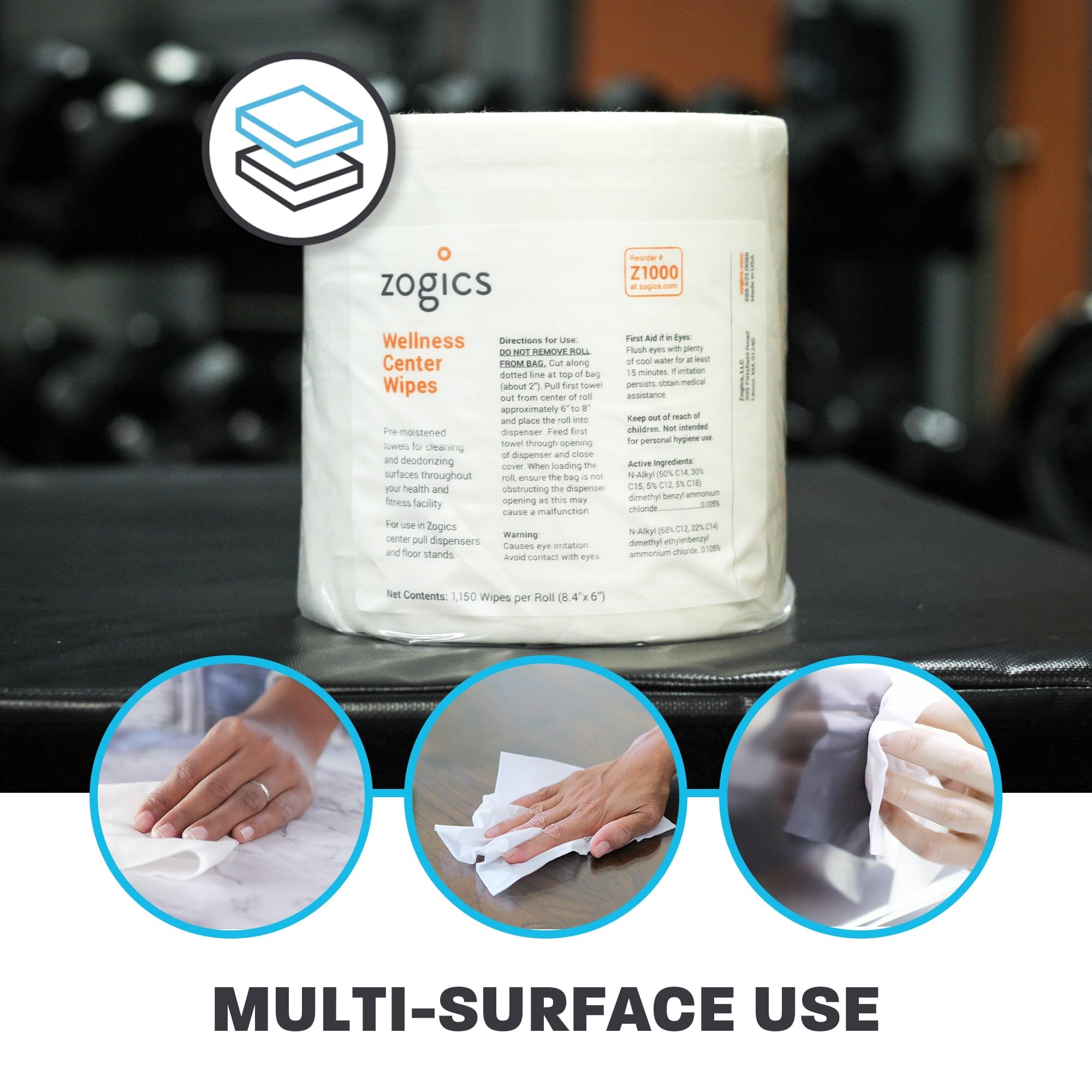 Zogics Wellness Center Cleaning Wipes - 4600 Count Disinfecting Gym Wipes for Equipment & Surfaces | Pre-Saturated, Durable & Safe Wet Wipes (4 Rolls x 1150) | Perfect for Fitness Centers, Yoga Studios & Home Gym Cleaning