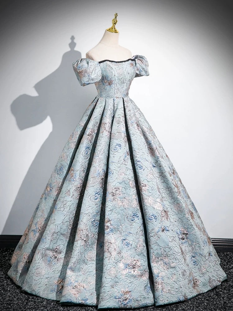 Elegant A-Line Puff Sleeves Satin Prom Dress in Gray-Blue | Long Evening Gown for Formal Events, Homecoming, Weddings & Special Occasions