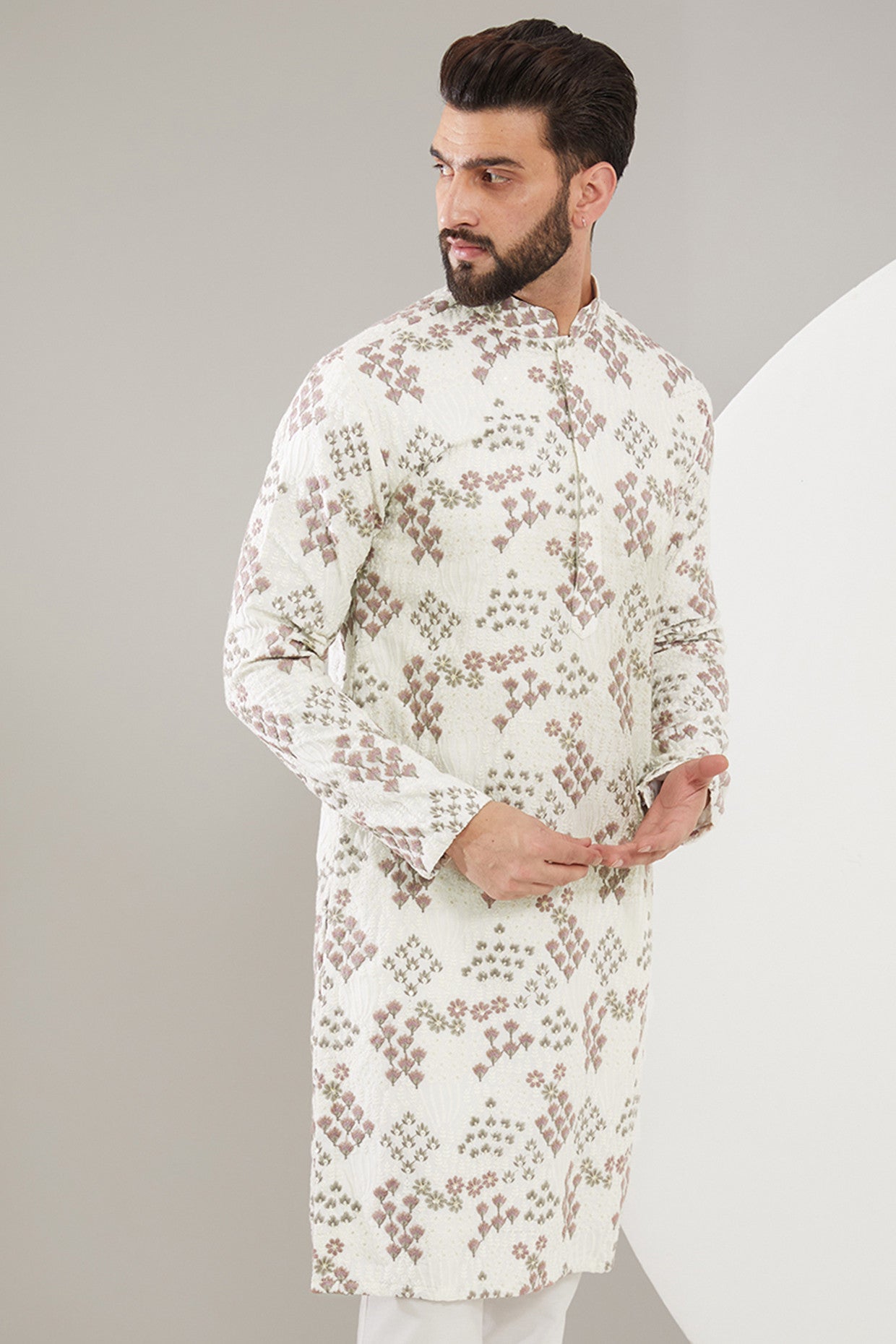 Lilac and White Floral Embroidered Kurta for Women - Elegant Indian Traditional Dress for Festivals, Weddings & Casual Wear