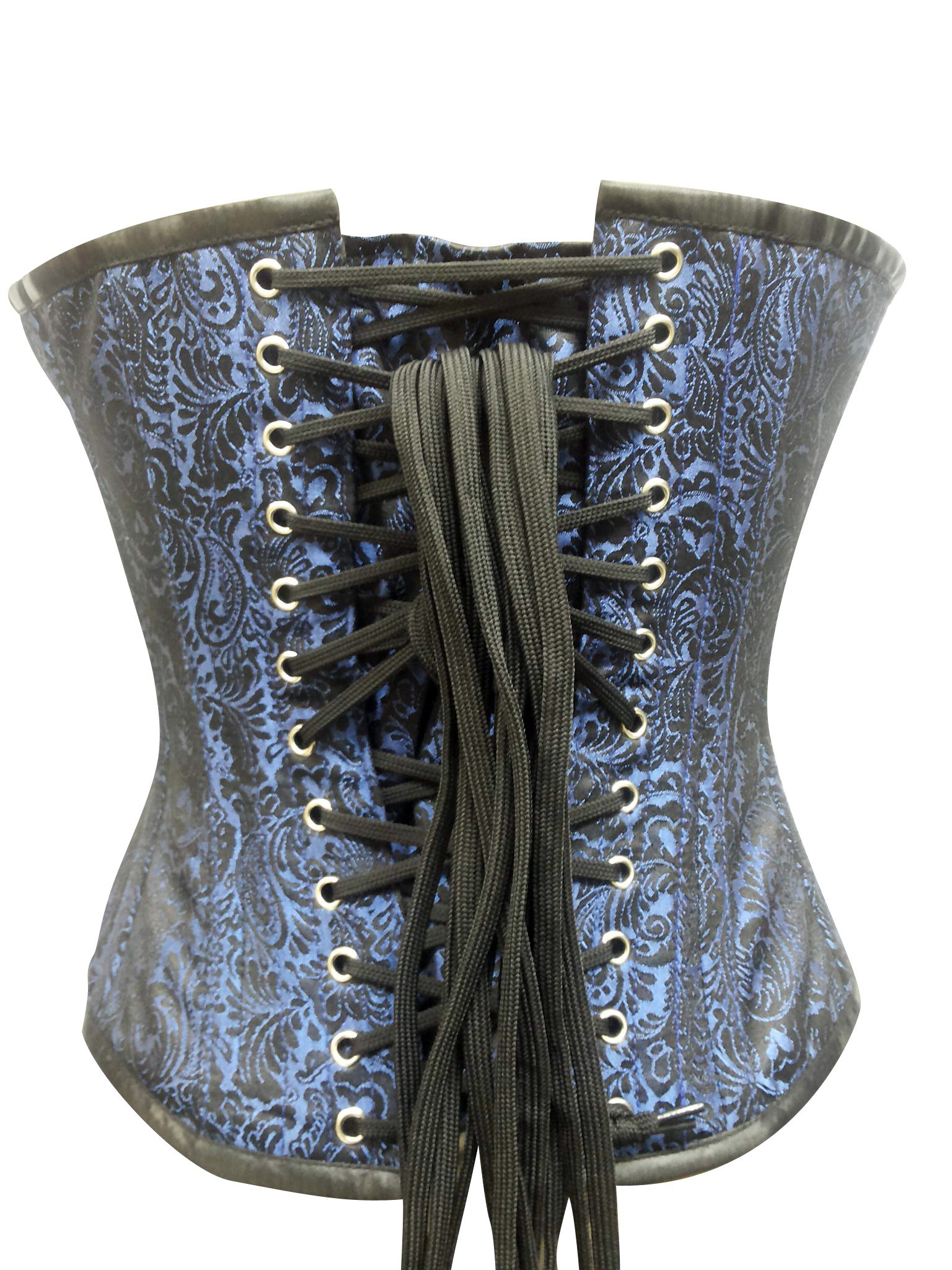 Black Gothic Corset with White Lace Front & Brocade Detail - Plus Size Overbust Bustier for Women | Perfect for Halloween Costumes, Cosplay, Burlesque Shows and Victorian Themed Parties