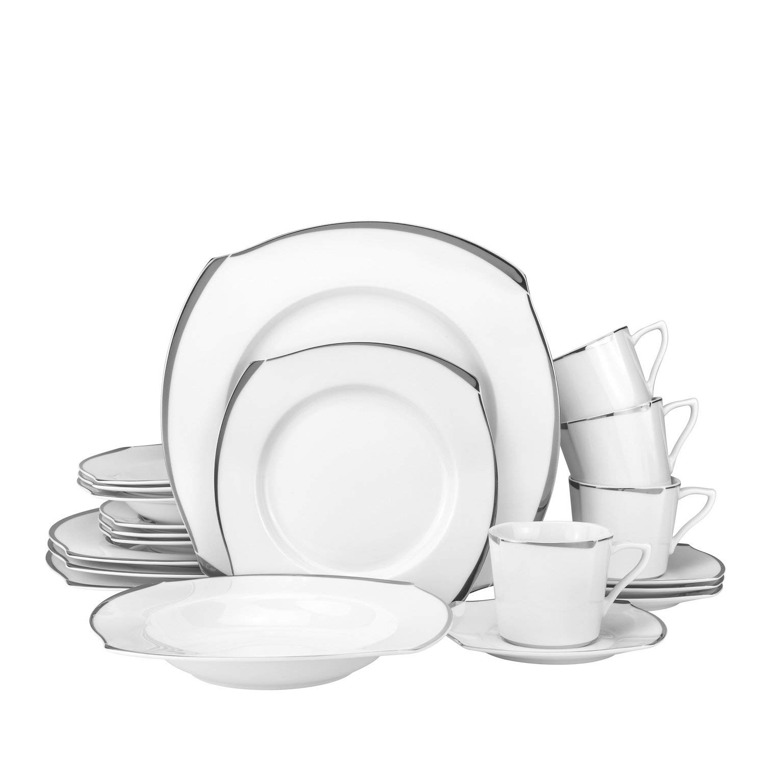 Royal Platinum Wave 20-Piece Bone China Dinnerware Set - Elegant Square Porcelain Plates, Bowls & Cups for Formal Dining, Entertaining & Special Occasions