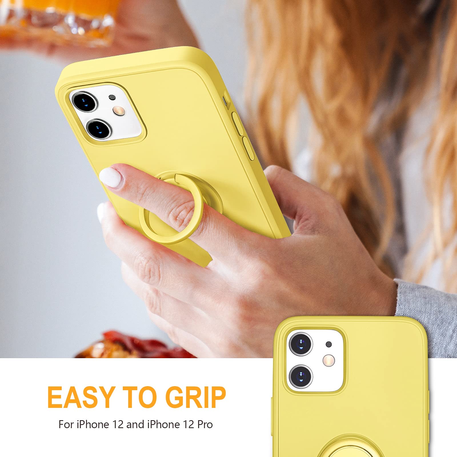 Hython Shockproof Magnetic Phone Case for iPhone 12 & 12 Pro - 360° Rotatable Ring Stand with Kickstand, Anti-Slip Rubber Protection & Microfiber Lining (Yellow) | Perfect for Workouts, Travel & Hands-Free Viewing