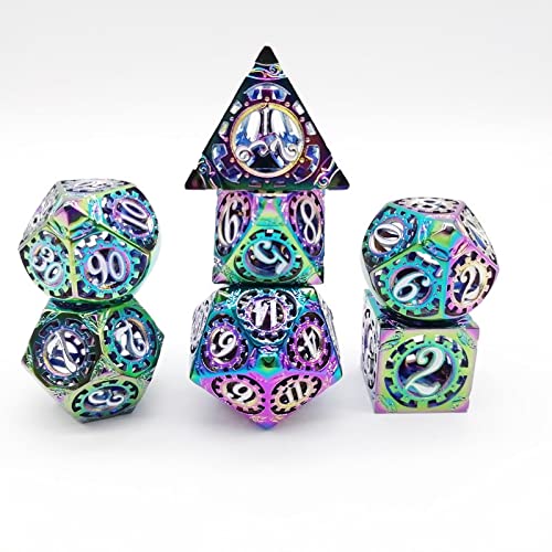 7-Piece Hollow Metal Dice Set - Chrome Steampunk Gears Design for D&D, Dungeons & Dragons RPG Games - Includes D4, D6, D8, D10, D20 - Durable Bronze Metal Dice - Perfect for Tabletop Gaming, Gift Giving & Collectors