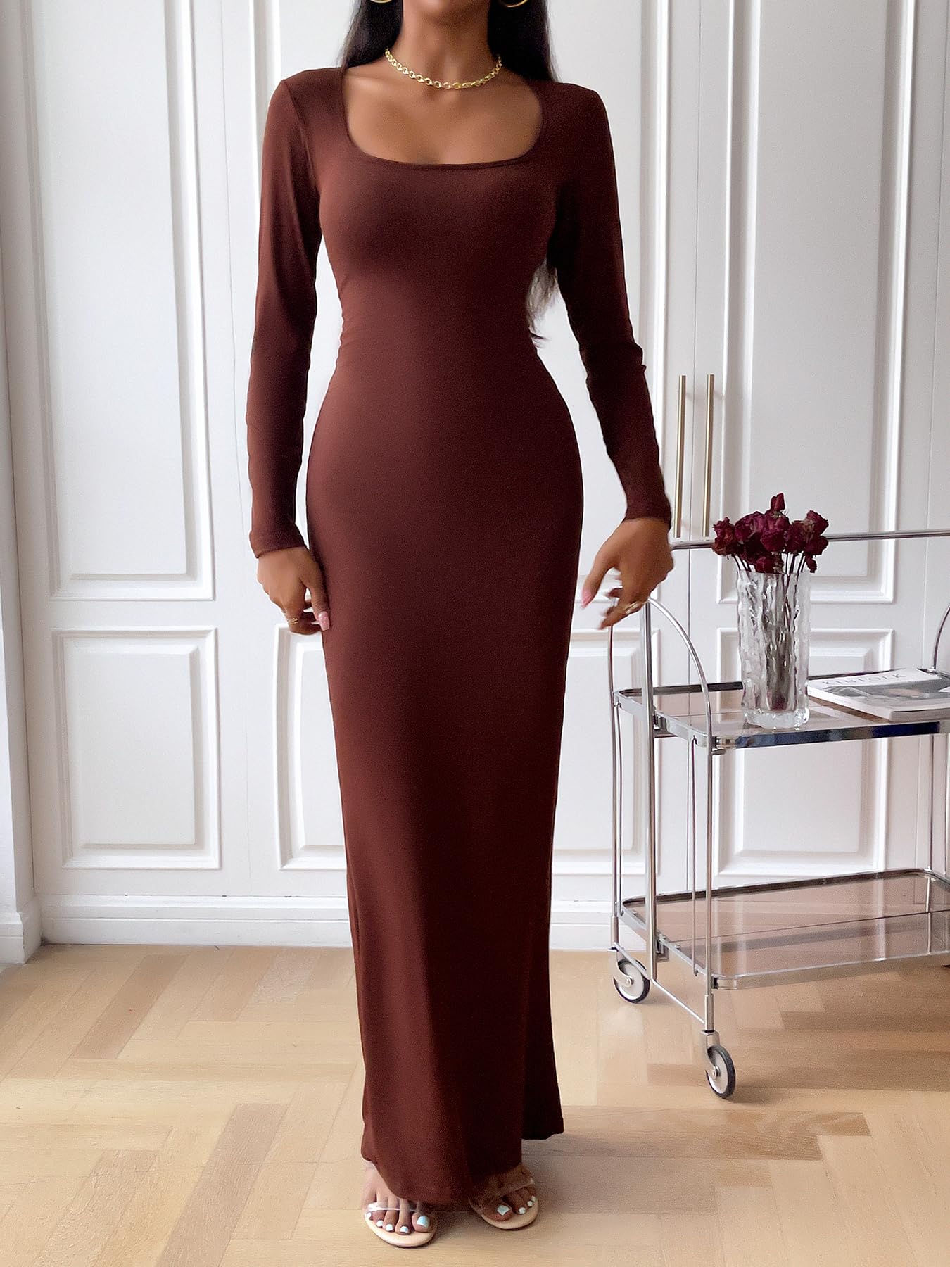 Women's Tummy Control Shapewear Maxi Dress with Built-In Bra - Long Sleeve Slimming Dress for Fall & Winter (Brown, XL) | Perfect for Work, Parties & Special Occasions