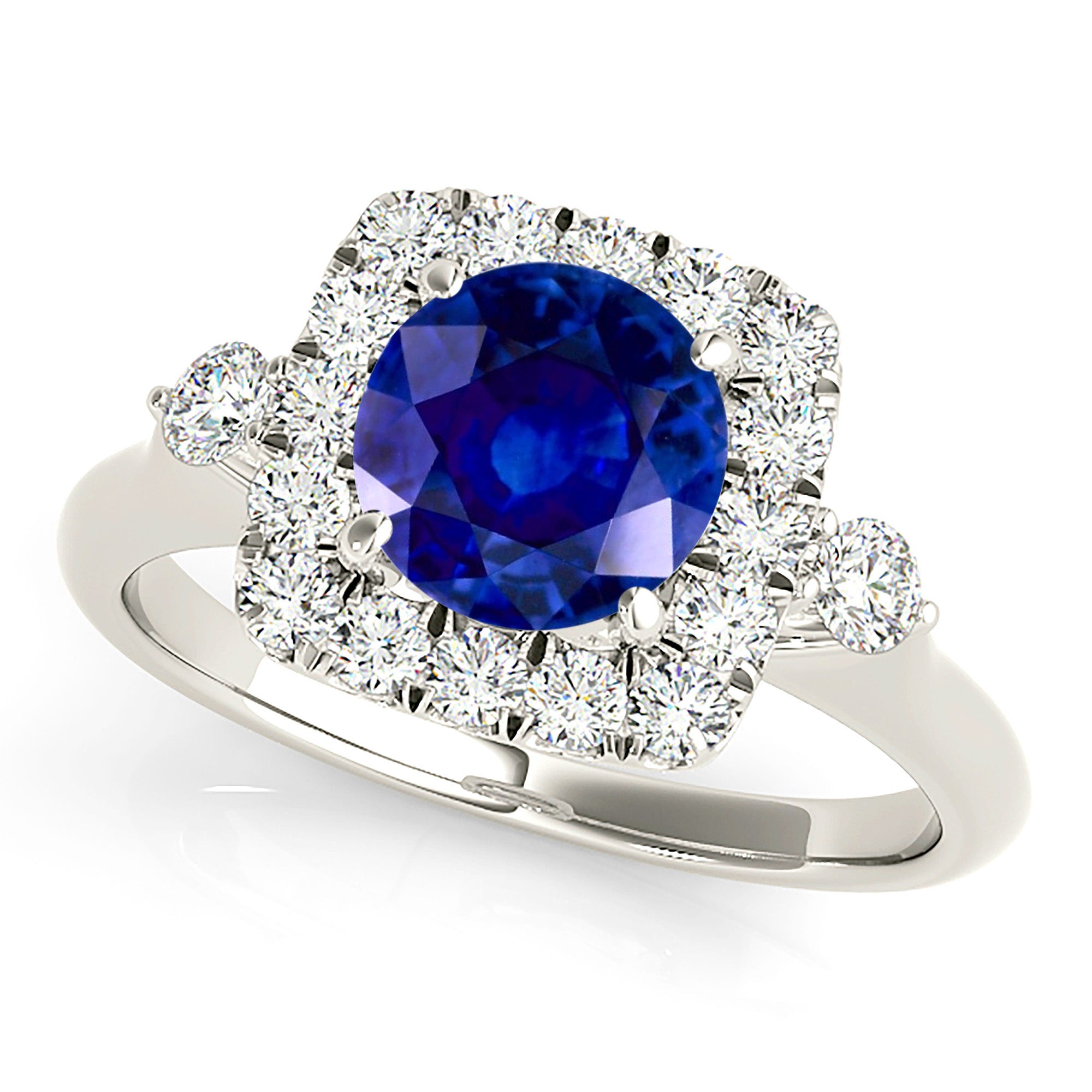 2.40 Carat Genuine Blue Round Sapphire Ring - Cushion Halo Engagement Ring for Women - Perfect for Weddings, Anniversaries & Special Occasions