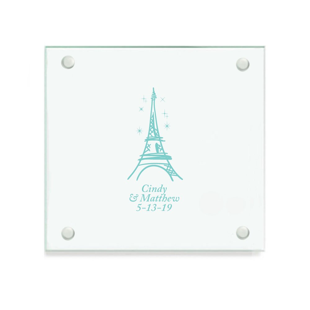 Custom Printed Glass Coasters - Paris Eiffel Tower Design in Robin's Egg Blue - Set of 72 - Perfect for Weddings, Parties & Home Decor