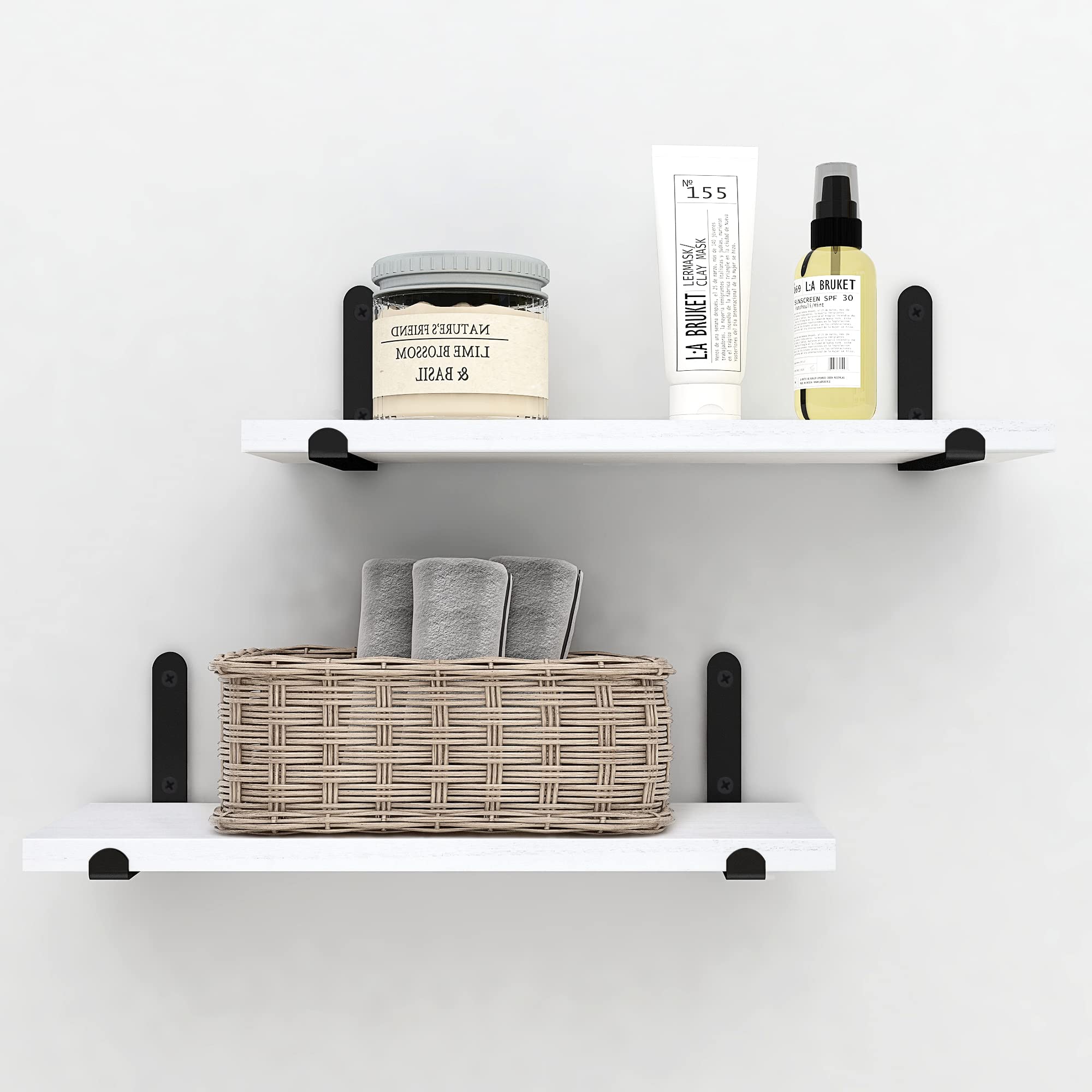 White Floating Shelves Set of 2 - Modern Over Toilet Bathroom Organizer & Wall Mounted Storage Shelf with Black Brackets - Neutral Wooden Decorative Shelves for Living Room, Kitchen, Bedroom & Office Organization