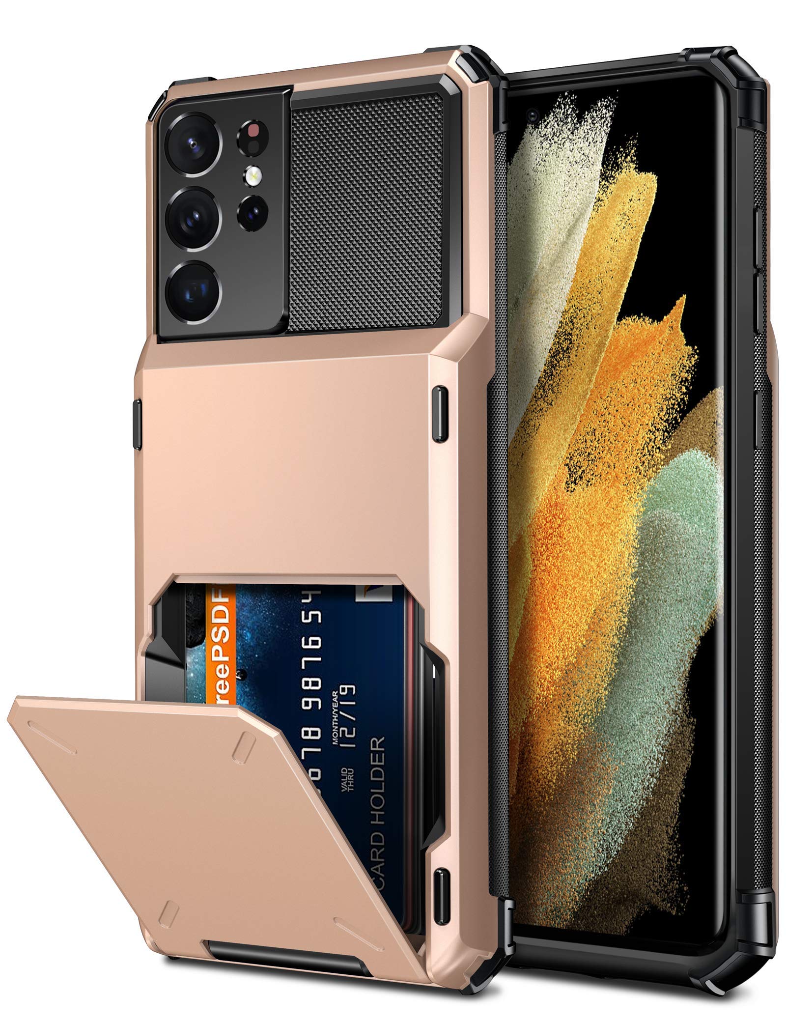 Premium Galaxy S21 Ultra Wallet Case - 4 Card Holder Flip Cover with Dual Layer Protection | Hybrid Hard Shell & Bumper Armor Design | Rose Gold | Perfect for Business, Travel & Everyday Use (Samsung S21 Ultra 6.8