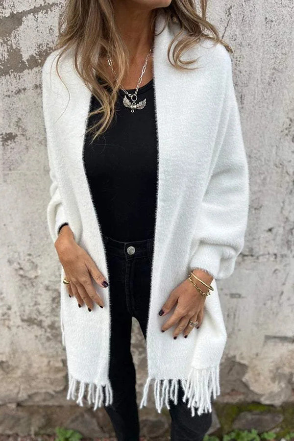 Cozy Knit Plush Tassel Trim Relaxed Shawl Cardigan for Women - Soft Warm Winter Wrap Sweater for Lounge, Travel & Casual Outfits