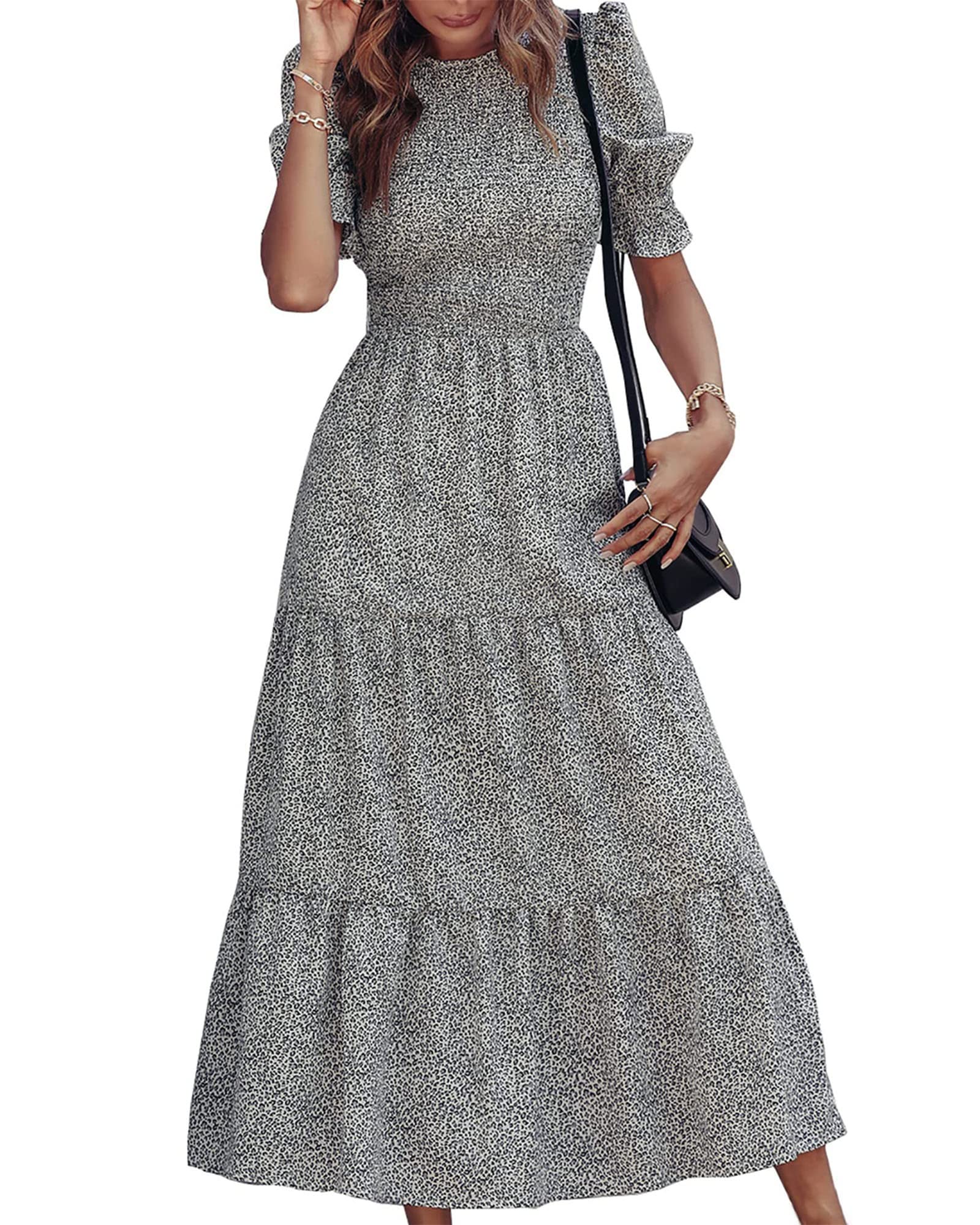 BTFBM Women's Floral Print Boho Maxi Dress - Crew Neck, Ruffle Short Sleeve, Smocked Waist, Flowy Summer Dress for 2025 | Perfect for Beach Vacations, Music Festivals & Casual Outings