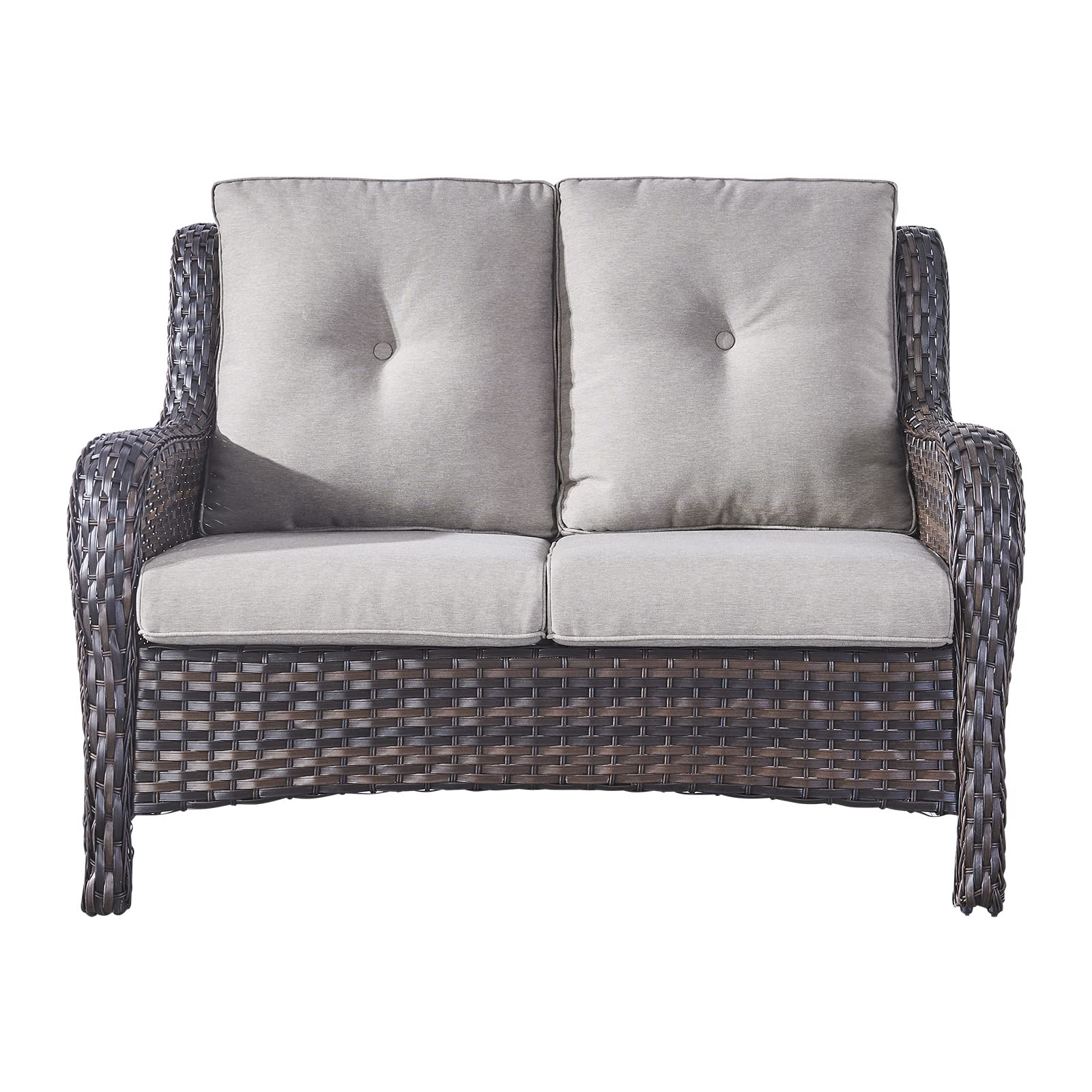 Outdoor Wicker Loveseat Patio Sofa - 2-Seat Rattan Outdoor Couch with Deep Seating & Comfortable Cushions, Brown/Grey - Perfect for Porch, Deck, Balcony, Garden & Backyard Relaxation