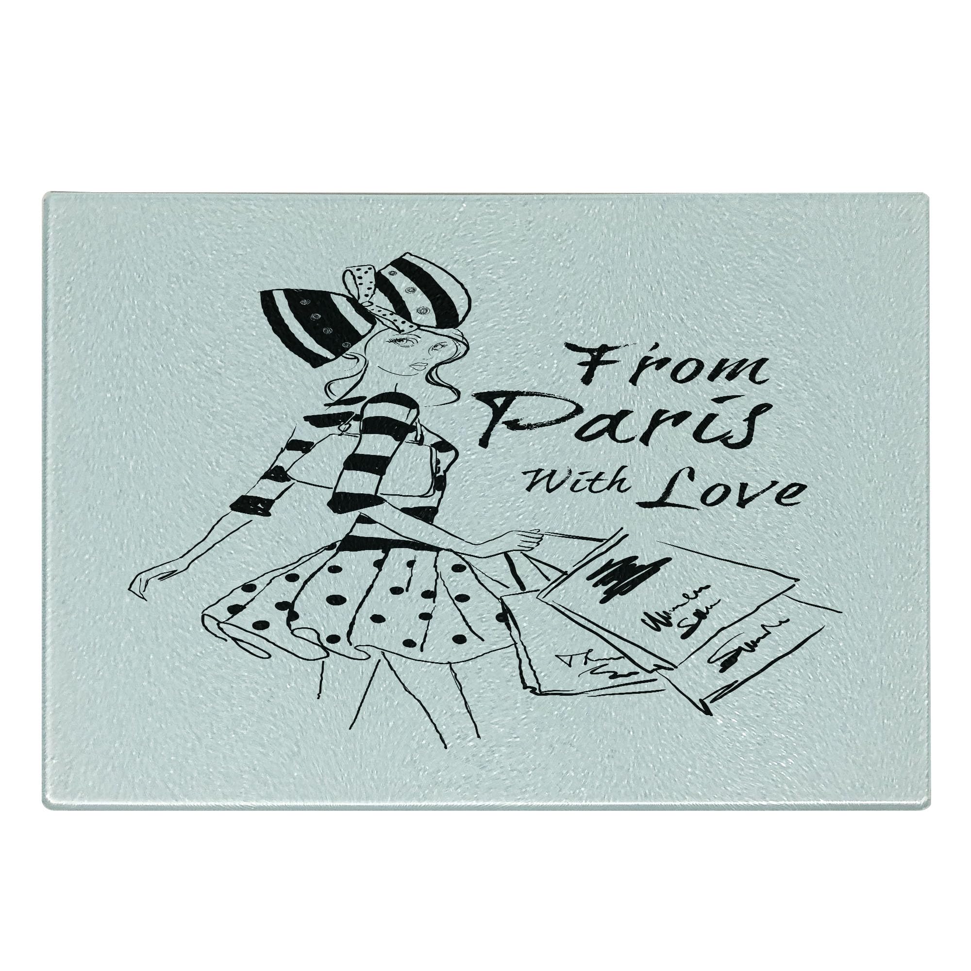 Ambesonne Paris Themed Glass Cutting Board - Hand Drawn Fashion Girl with Polka Dot Skirt Design - Small Black & White Tempered Glass Serving Board for Kitchen, Dining & Gift Giving