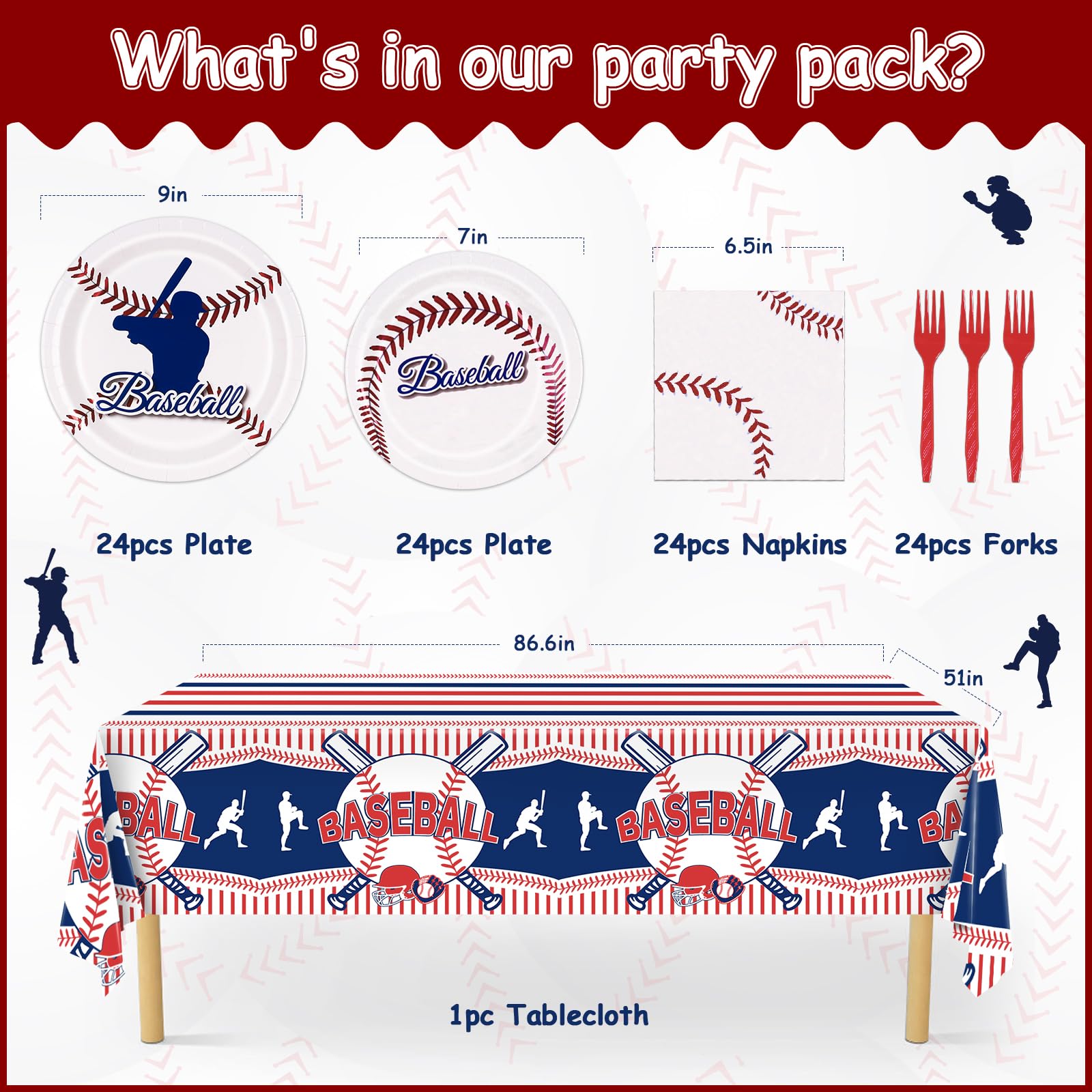 Baseball Party Decorations Set - 24-Piece Dinnerware Kit with Tablecloth, Plates, Napkins & Forks | Perfect for Baseball Birthday Parties, Sports Themed Events & Kids Celebrations | Great for Serving 24 Guests