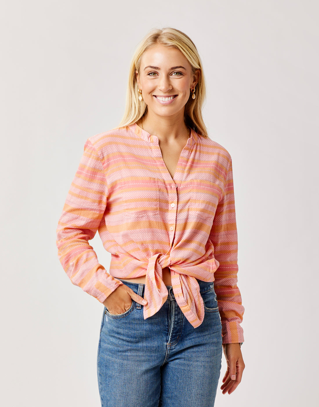 Dylan Gauze Tunic: Stylish Grapefruit Block Stripe Top for Women | Perfect for Summer Outfits, Beach Cover-ups & Casual Wear