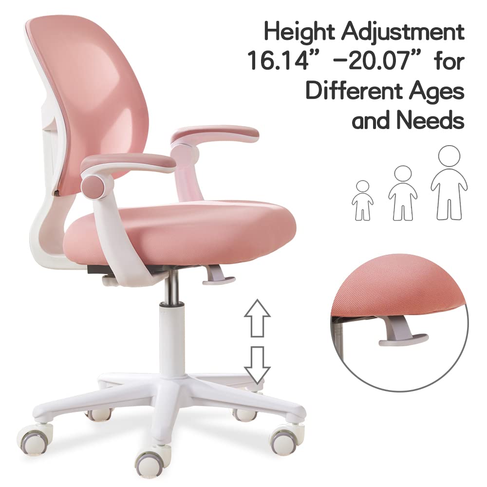 Adjustable Kids Desk Chair - Ergonomic Study Chair for Children Ages 4-12, Height-Adjustable Learning Chair with Lumbar Support, Pink - Perfect for Homeschooling, Online Classes & Homework Station