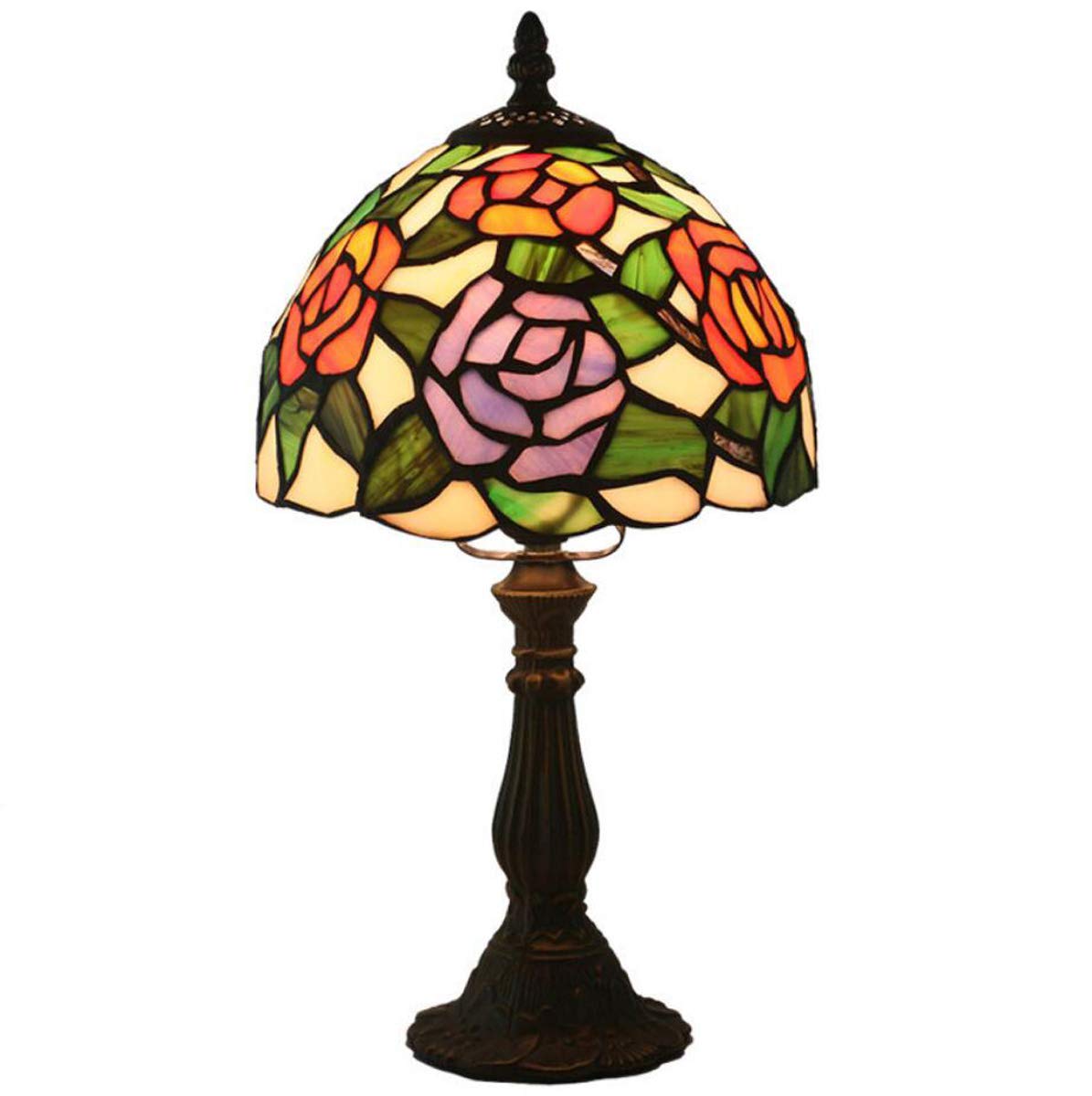 Tiffany Style Rose Table Lamp - Antique Zinc Alloy Lotus Base with Handmade Stained Glass - 20cm Bedside Desk Light for Bedroom & Living Room | Perfect for Romantic Decor, Reading Nook & Cozy Ambiance
