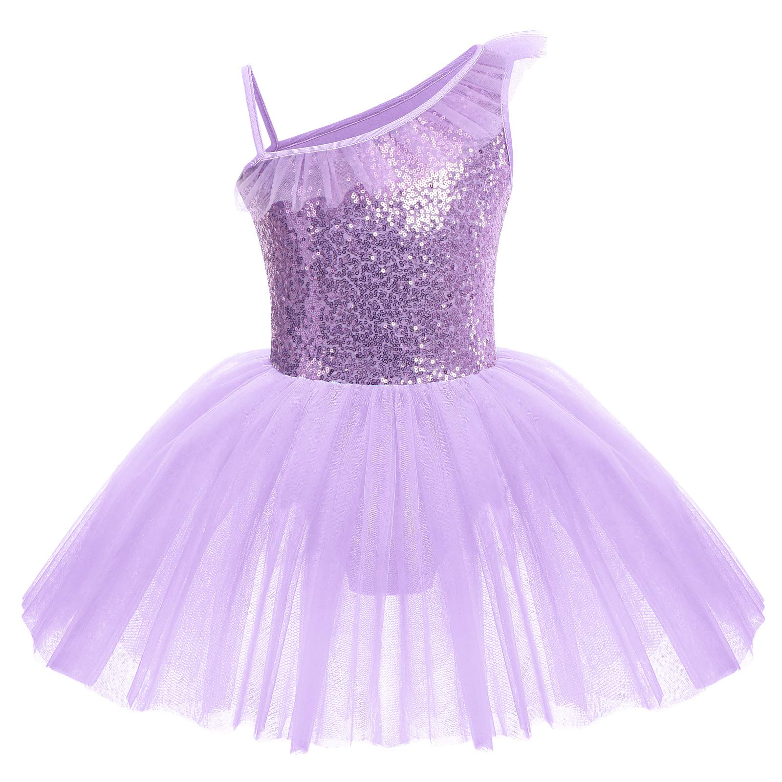 IDOPIP Girls Sequins Ruffle One Shoulder Ballet Dance Dress Tutu Skirted Leotard Ballerina Dancewear Costume for Toddler Kids - Perfect for Recitals, Performances, and Dance Classes