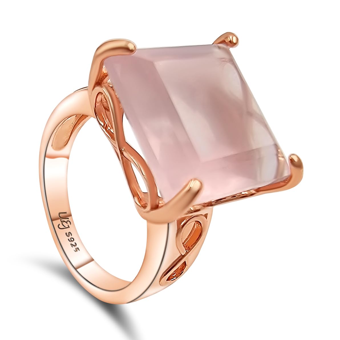 Natural Rose Quartz Infinity Ring - 14mm Cushion Cut Genuine Birthstone Jewelry - 925 Sterling Silver Rose Gold Plated - Perfect for Valentine's Gift, Anniversary Present & Spiritual Healing Jewelry