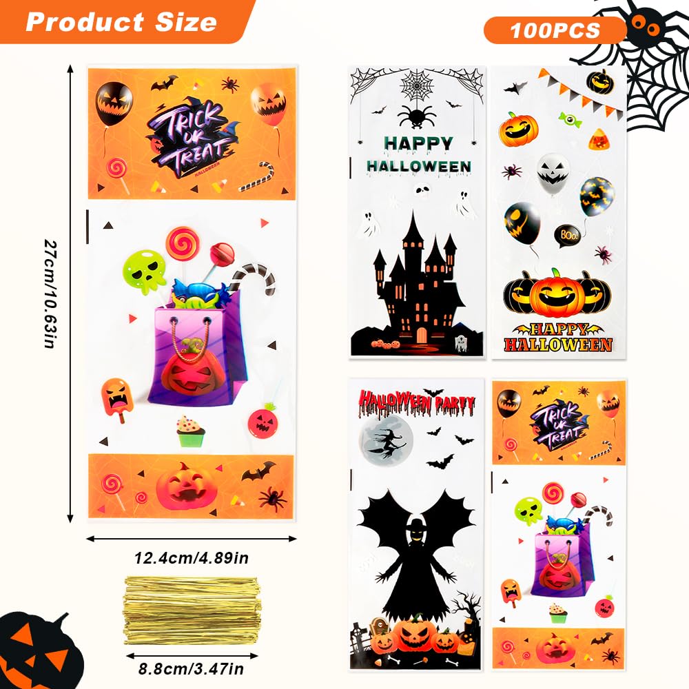 100PCS Clear Cellophane Treat Bags with Twist Ties - Halloween Candy Bags, Cookie Goodie Bags for Trick or Treat, Party Favors, Birthday Gifts & Holiday Treat Packaging