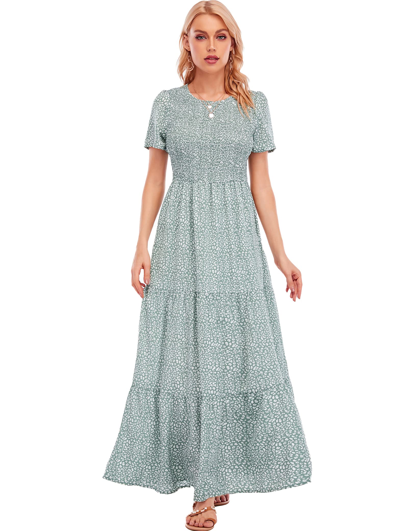 MANAIXUAN Women's Floral Maxi Dress - Summer Casual Short Sleeve A-Line Tiered Sun Dress for Beach, Party & Vacation | Lightweight Comfortable Long Dress for Outdoor Events