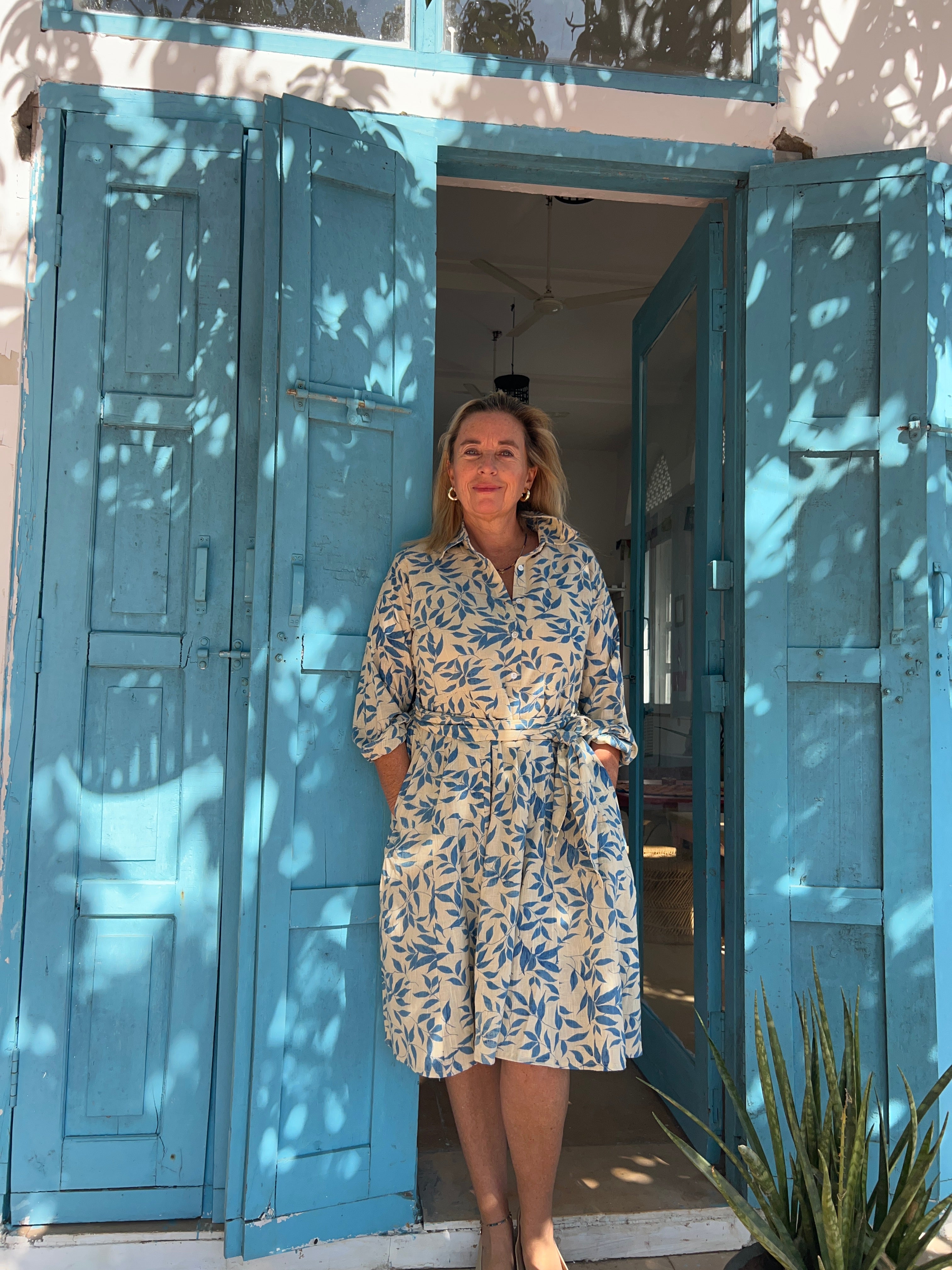 Marylin Linen Dress Blue Leaf - Elegant Summer Casual Outfit for Beach, Picnic & Vacation