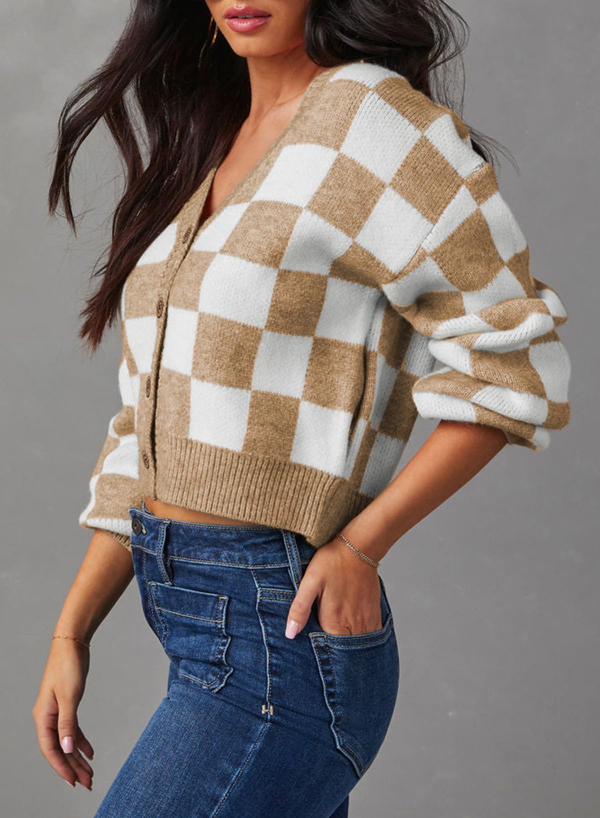 Dokotoo Women's Checkered V-Neck Button Down Long Sleeve Cable Knit Cropped Cardigan Sweater - Casual Office Wear, Fall Layering, Winter Outfit Essential