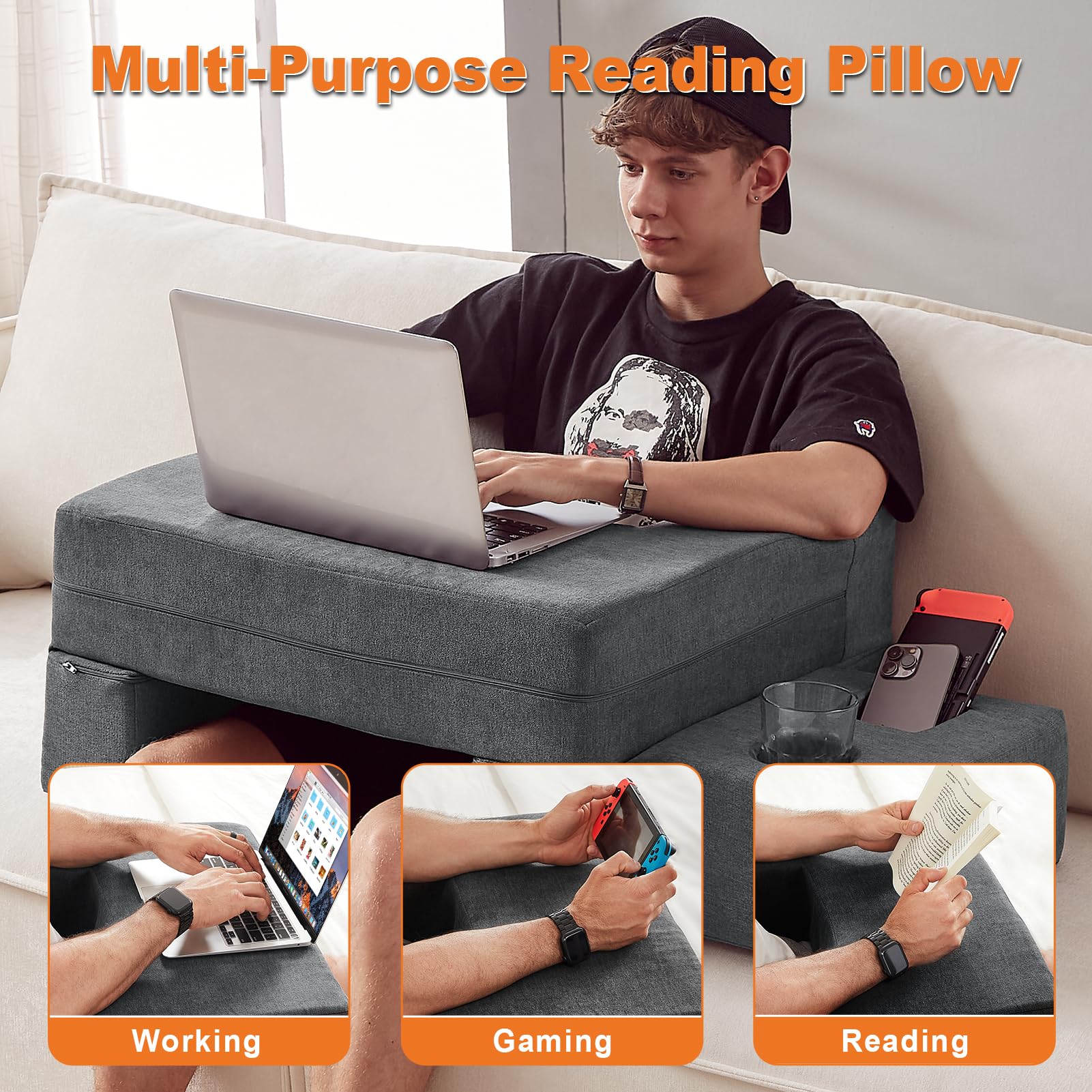 Memory Foam Lap Desk Pillow for Adults - Portable Bed & Sofa Workstation with Cup Holder & Arm Rest - Perfect for Reading, Working, Crocheting & Laptop Use in Bed, Floor or Couch (Grey)