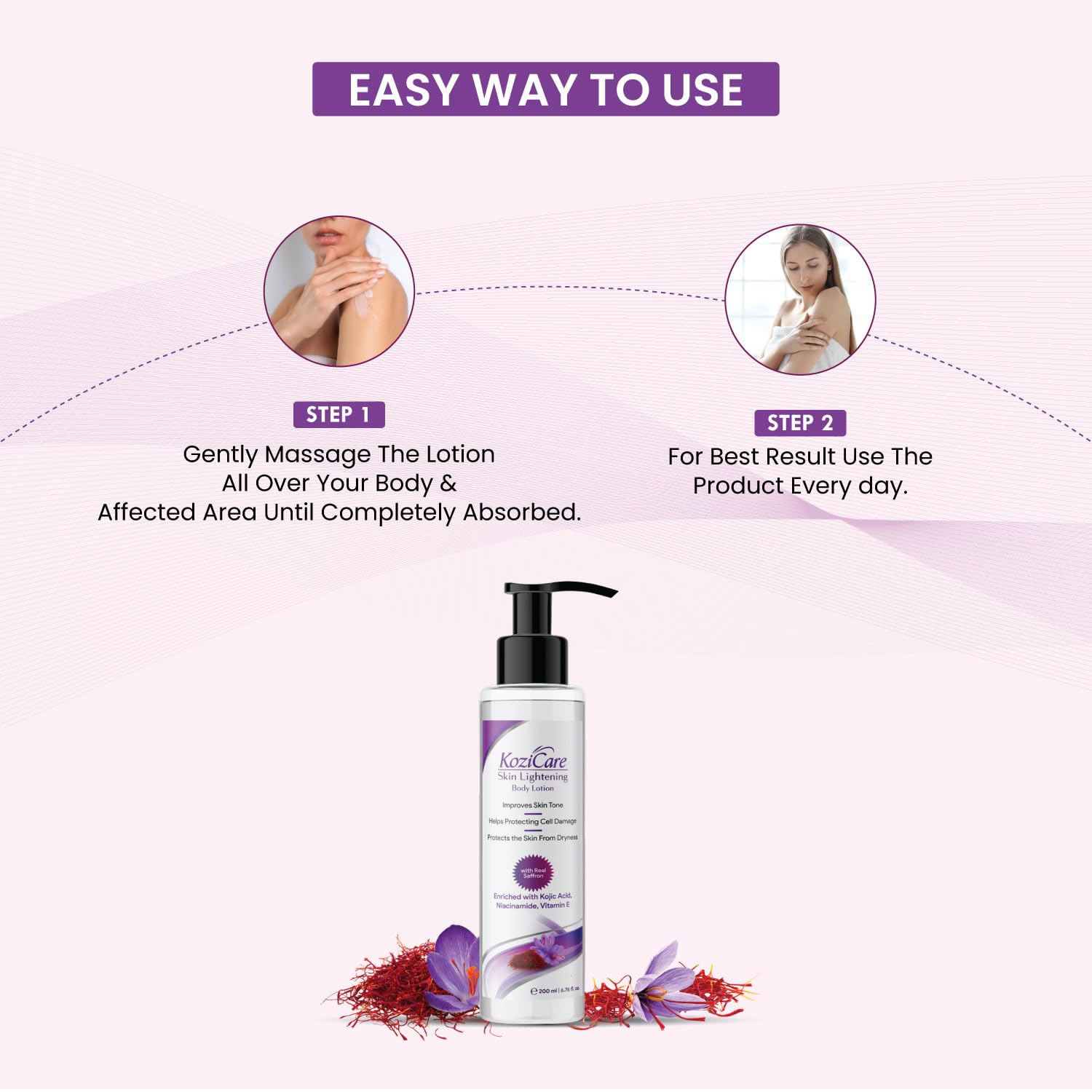 Kozicare Saffron Body Lotion with Shea Butter, Niacinamide & Kojic Acid - Moisturizing Cream for Dry Skin, Reduces Flakiness & Nourishes for Soft, Supple Skin - 200ml | Perfect for Daily Hydration & Nighttime Skin Care Routine