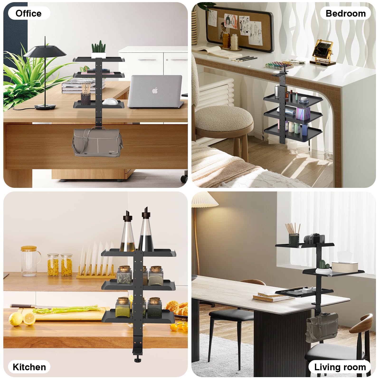 3-Tier Adjustable Metal Desk Organizer Shelf - Clamp-On Storage Tray & Headphone Stand for Office & Home (Black) | No Drilling Required | Perfect for Workspace Organization, Under Desk Storage & Gaming Setup Accessories