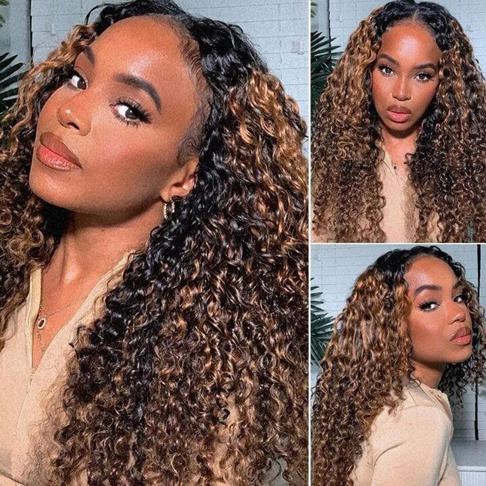 UNICE 20 Inch Human Hair V Part Wig - Curly No Leave Out Balayage Brown Highlight Glueless Clip-In Wig for Beginners (No Sew In, No Glue) | Perfect for Daily Wear, Parties & Special Occasions