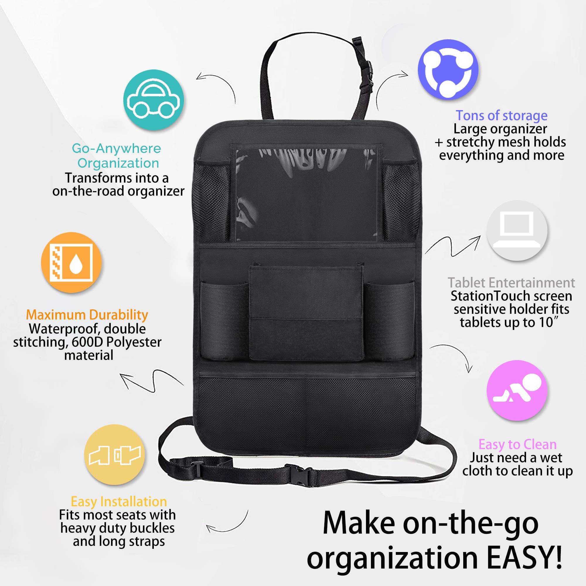 2 Pack Backseat Car Organizer with Kick Mats & Tablet Holder - Multi-Pocket Storage for Toys, Books, Bottles & Baby Travel Essentials | Perfect for Road Trips & Family Car Organization