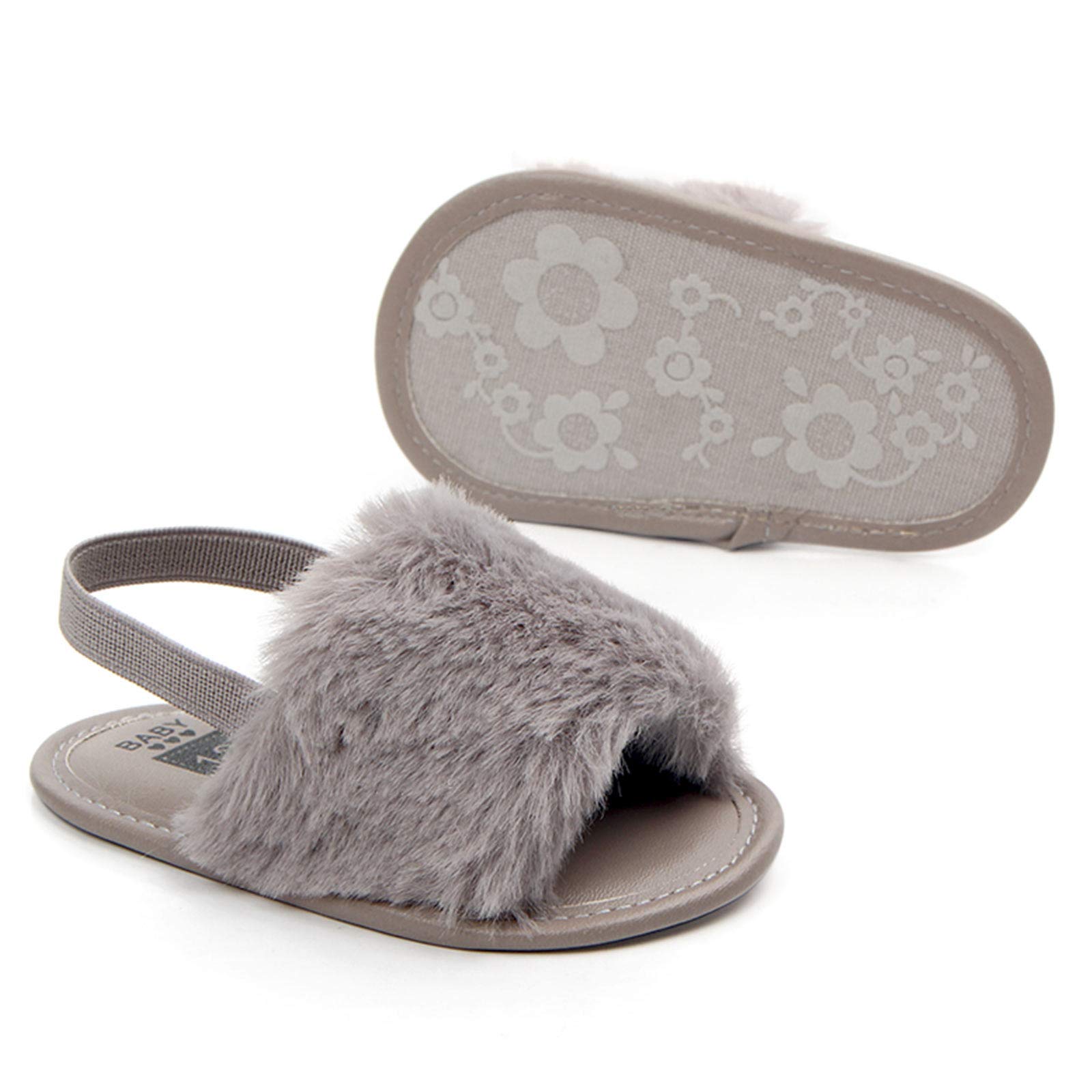 2 Pack Baby Girls Sandals - Soft Elastic Back Strap Flats with Faux Fur | First Walker Slippers for Toddlers | Indoor House Shoes & Princess Style Outdoor Play