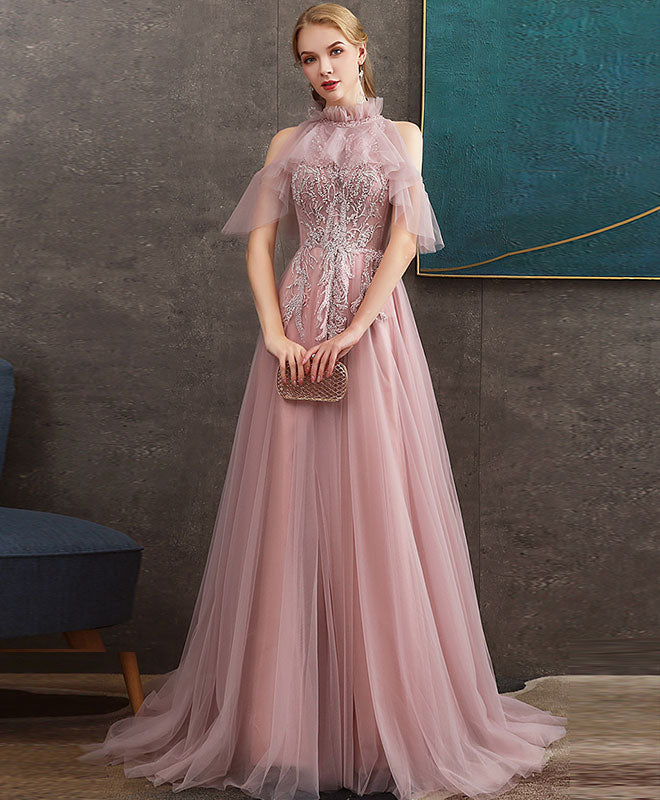 Elegant Pink Tulle Lace Long Prom Dress with Beading - Formal Graduation Gown for Women - Perfect for Prom Night, Homecoming, Quinceañera & Special Occasions