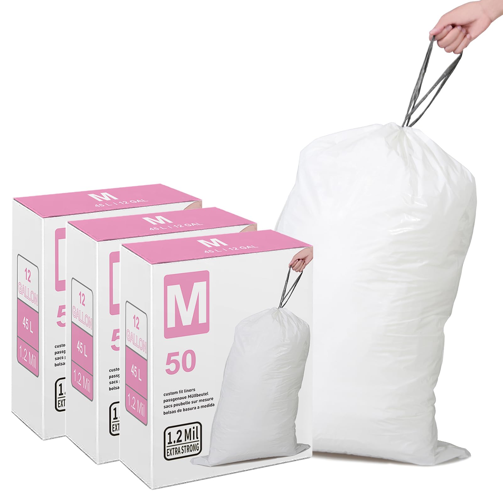 Code M 3-Pack (150 Count) 12 Gallon Heavy Duty 1.2 Mil Thick Trash Bags with Reinforced Drawstring - Leak Proof & Tear Resistant Garbage Can Liners - Perfect for Kitchen, Office, and Bathroom Waste Disposal