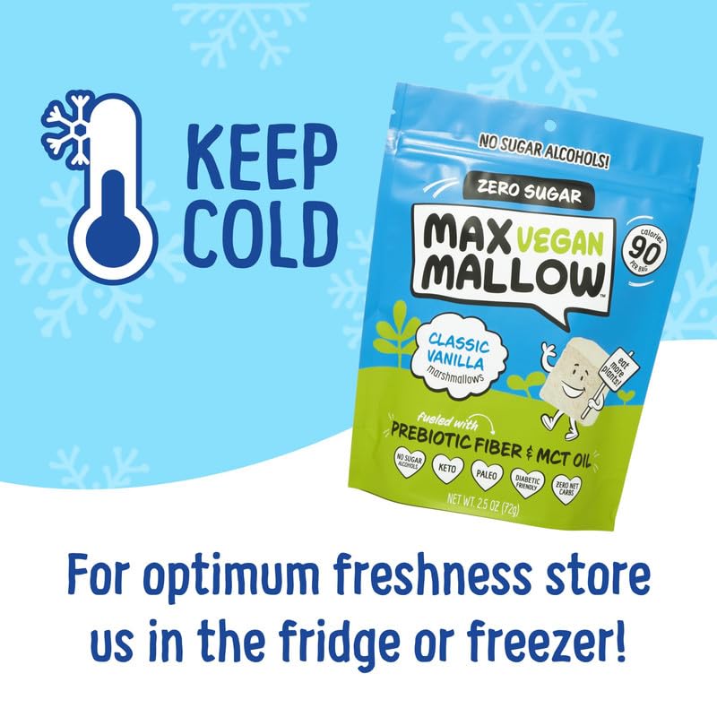 Max Mallow Vegan Sugar-Free Marshmallows - Keto Friendly, Gluten Free, Zero Sugar, Classic Vanilla (6 Pack) | Perfect for S'mores, Hot Chocolate, Baking & Low-Carb Desserts