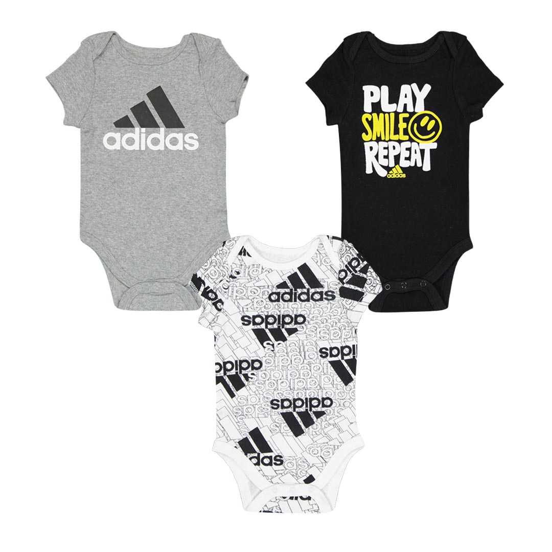 Adidas Kids' (Infant) Essentials 3-Pack Bodysuit Set - Soft Cotton Baby Onesies for Boys & Girls (GB9618) - Perfect for Newborns, Playtime & Everyday Wear