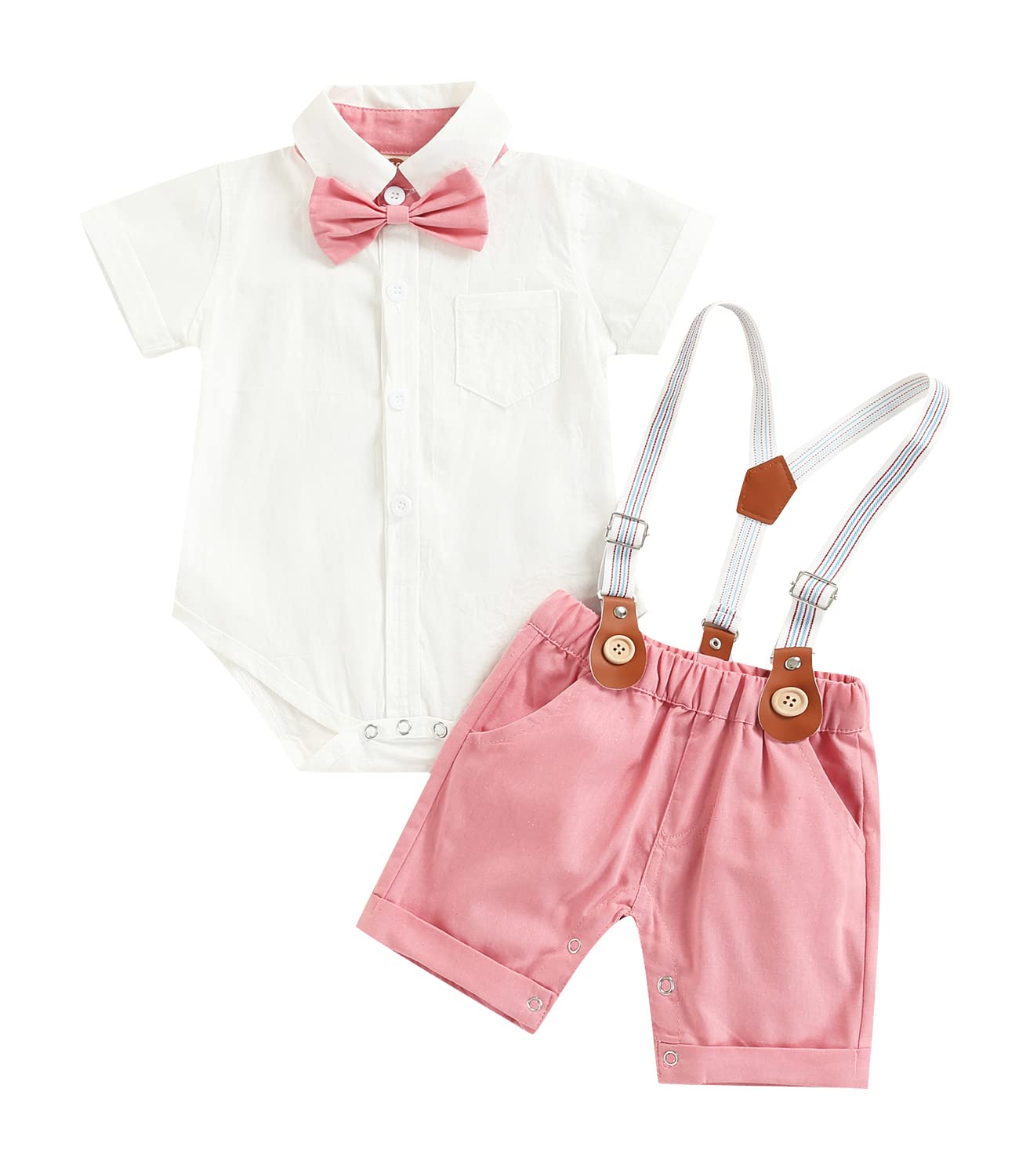 Qiylii Baby Boys' Short Sleeve Bowtie Button-Up Bodysuit with Suspenders & Shorts - Cute Summer Outfit for Infants - Perfect for Photoshoots, Parties & Casual Playdates